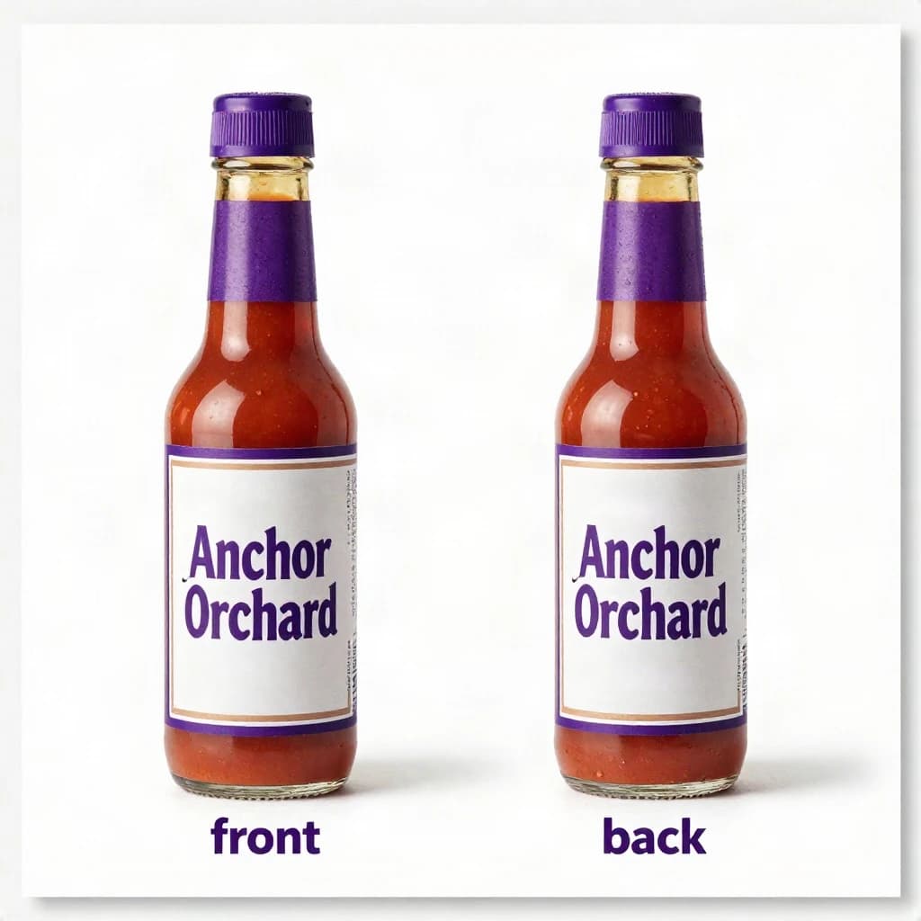 Printed poster: one hot-sauce bottle in two views. The views are captioned "front" and "back" in that order. The wordmark "Anchor Orchard" appears on every view. The purple-and-white coloring is the same across every view, and only the angle changes.