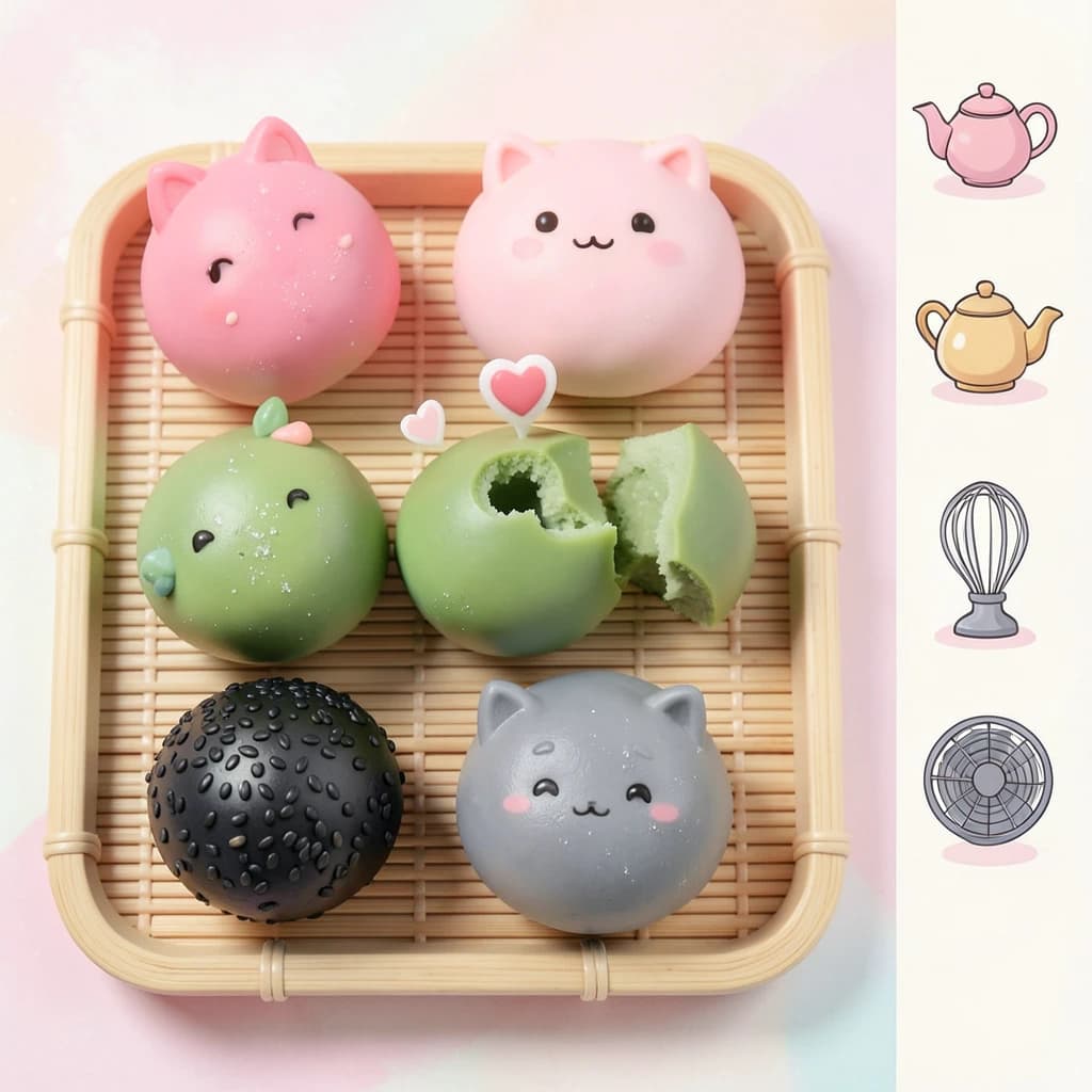 Match three board for a cozy sweets game, cute stylized 3D animation look. Nine mochi in a three by three grid on a bamboo tray: the top row strawberry pink, the middle row matcha green, the bottom row black sesame grey. The center green one has a bite taken out and a small heart icon floating above it. Two of the pink mochi wear tiny cat ears. To the right of the tray, a vertical strip of three power up icons, a whisk, a teapot and a fan. Soft pastel lighting, glossy dusted surfaces.