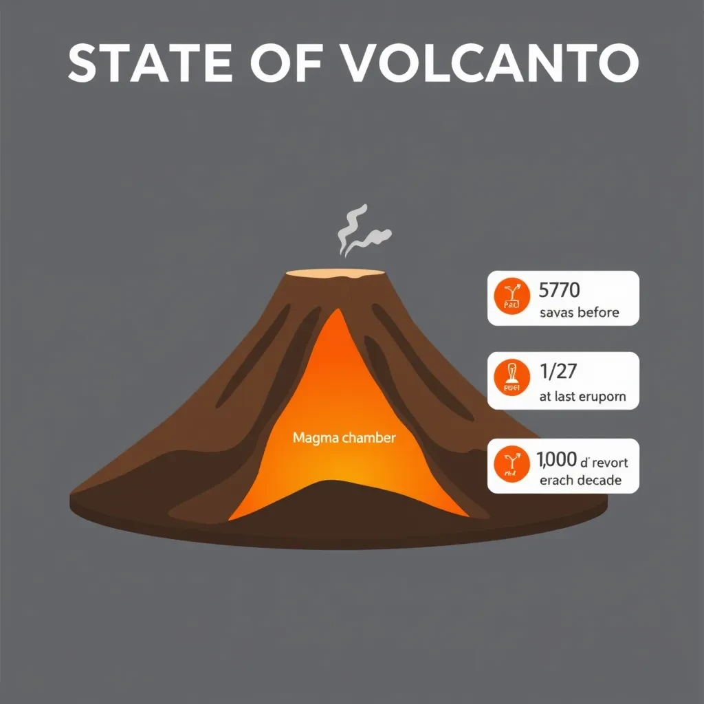 Flat vector illustration titled "State of Volcano": at the center a cutaway cone, carrying three keyed regions, "Lava channel" shaded red, "Ash cloud" shaded gray and "Magma chamber" shaded orange, beside a right column of three stat chips reading "670 tremors before the last eruption", "1 in 27 erupt each decade" and "1,000 degrees at the vent".