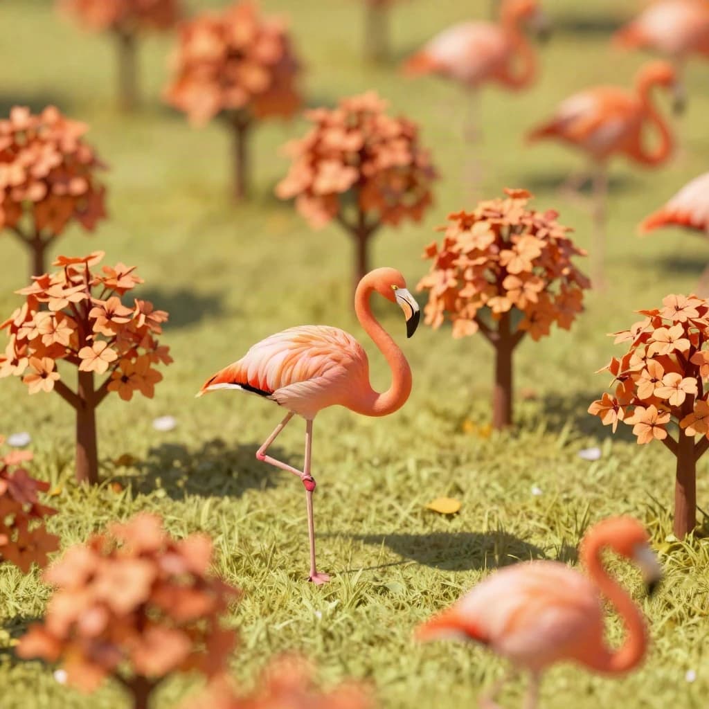 flamingo, autumn orchard, bright midday sun, telephoto compression, isometric 3D, subtle texture
