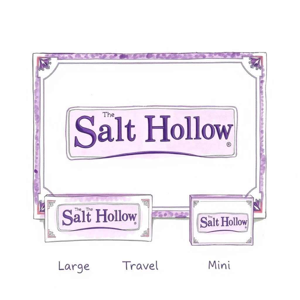 Watercolor of the same board-game box drawn in three editions, captioned "Large", "Travel" and "Mini", every edition carrying the wordmark "The Salt Hollow" in the same purple-and-white coloring, only the box size changing.