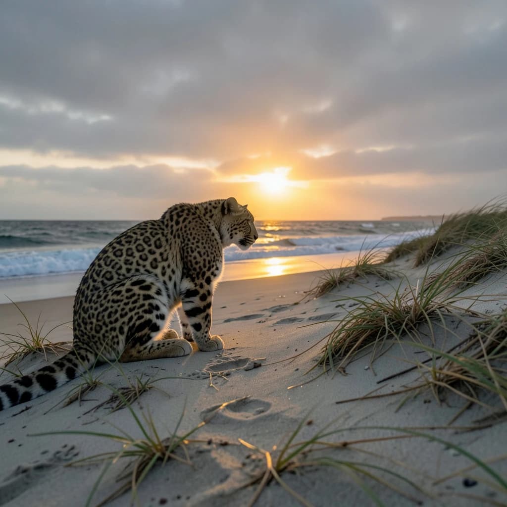 The pause when a snow leopard meets a low band of sun, on a windswept beach, under an overcast sky.