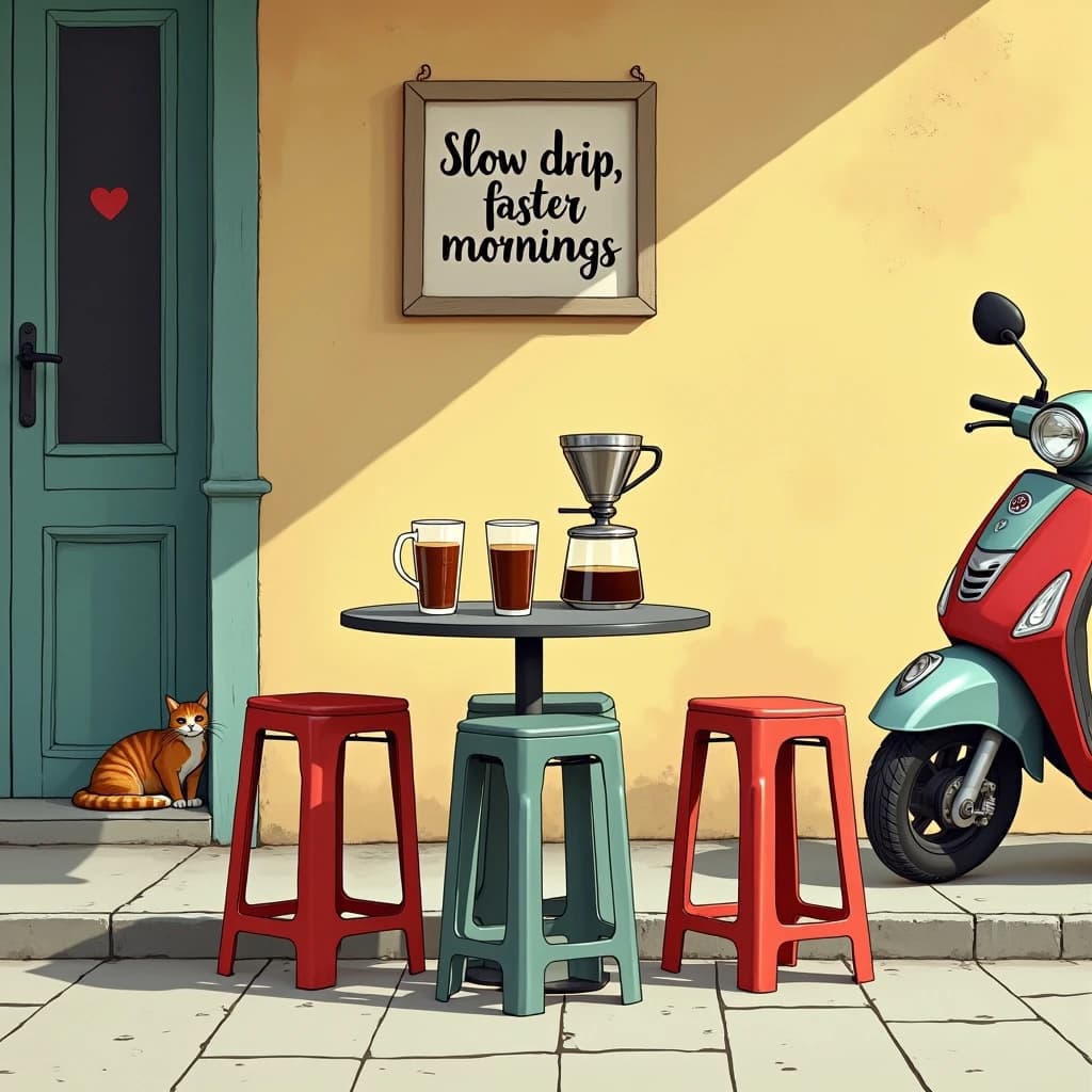 A frame from a hand drawn animated cel, inked outlines and flat gouache paint, warm morning light: a street cafe with four low plastic stools around a metal table. Three glasses of Vietnamese iced coffee sit on the table, two stirred through to caramel brown and one still black over an unmixed white layer of condensed milk. A metal phin filter drips into a fourth glass at the table edge. A cat sleeps under the stool nearest the kerb, and a scooter passes behind, cropped by the frame edge. Hand lettered sign on the wall: "Slow drip, faster mornings".