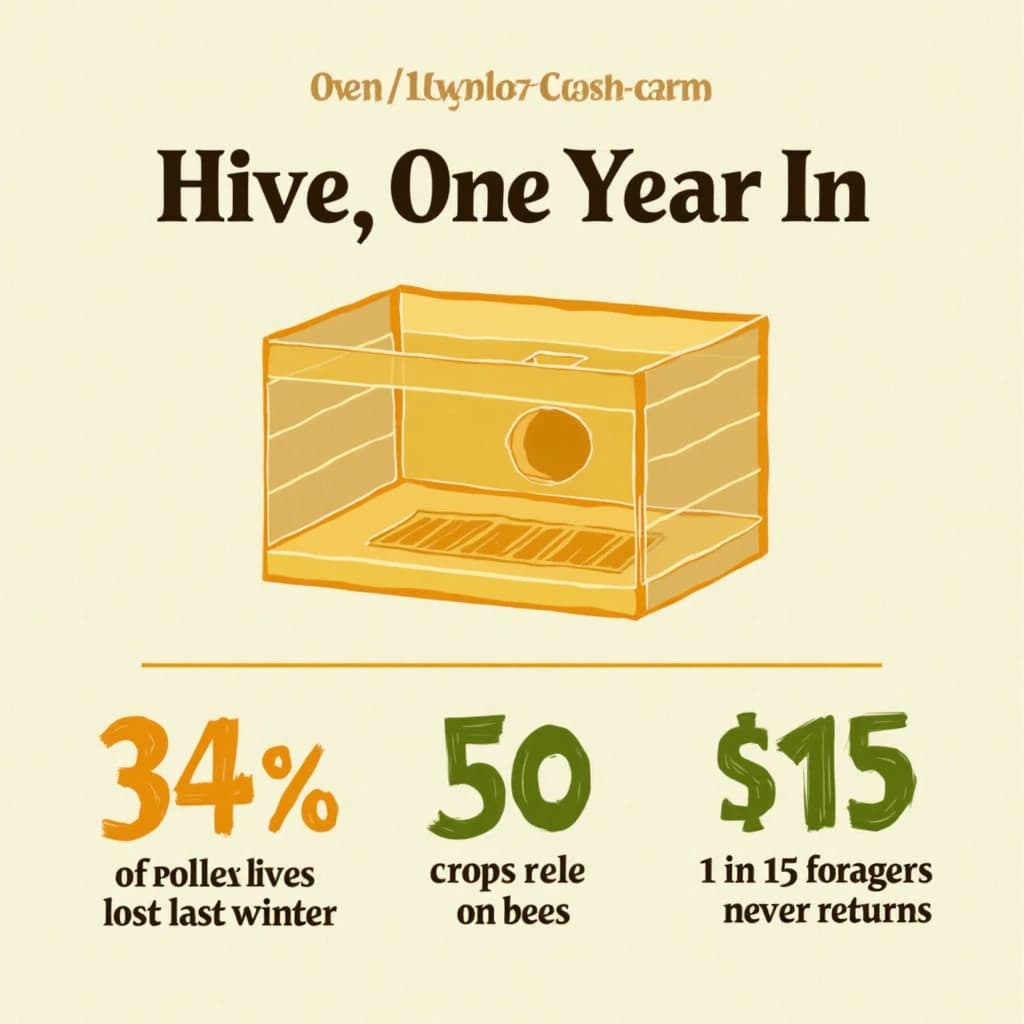 Printed poster titled "Hive, One Year In": at the center a cutaway of a hive frame, carrying two keyed regions, "Pollen basket" shaded amber and "Brood cells" shaded olive, beside a bottom row of three stat chips reading "34% of hives lost last winter", "50 crops rely on bees" and "1 in 15 foragers never returns".