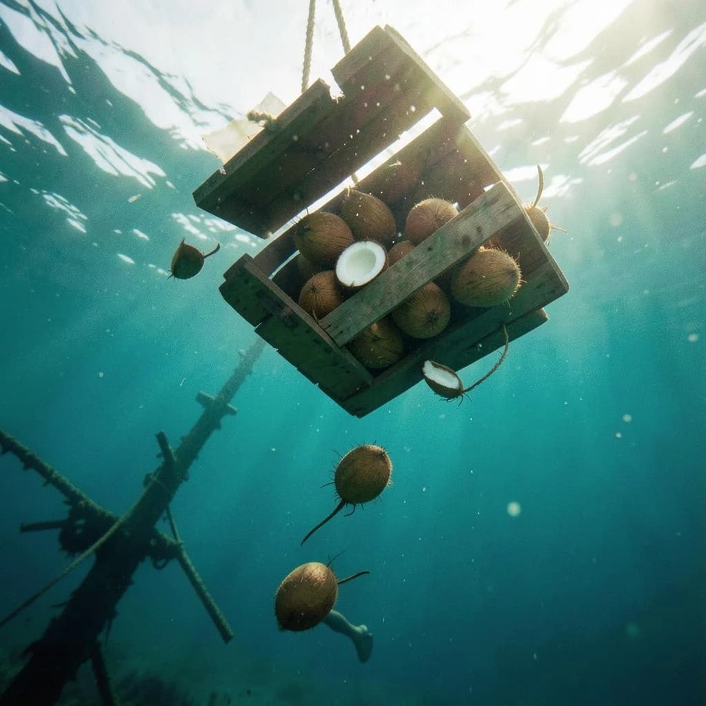 Underwater photography, film still from a castaway feature, shot from six metres down looking up toward the surface. A wooden crate has burst mid-sink: nine coconuts drift out of it, five still husked and pale brown, four split open and white, the split ones sinking faster than the whole ones. The crate hangs above them, lid half torn away, roped to a sunken mast that runs out of frame to the lower left. A swimmer silhouetted against the bright surface reaches down toward the nearest whole coconut, one fin missing. Blue green water column, sunbeams, drifting particles, natural light only.