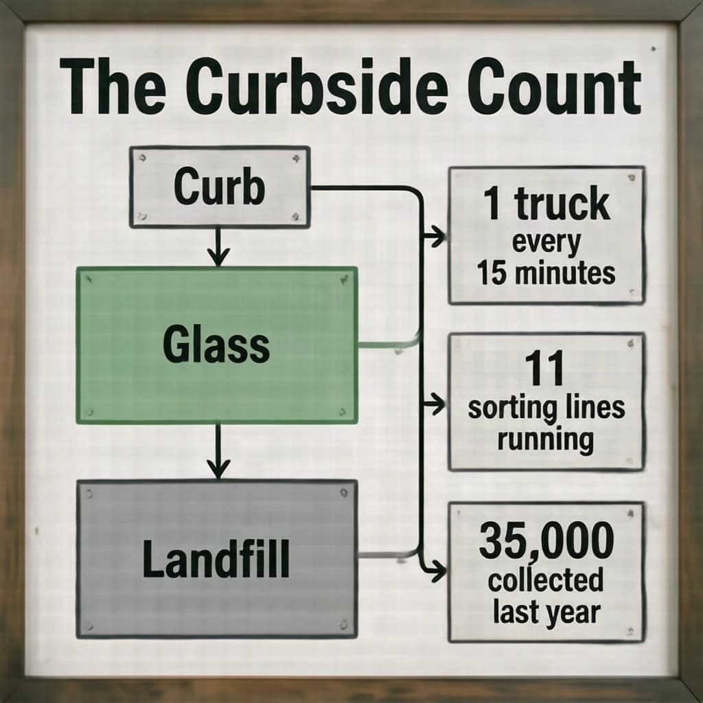Printed poster titled "The Curbside Count": at the center a flow chart from curb to sorting floor, carrying two keyed regions, "Glass" shaded green and "Landfill" shaded gray, beside a right column of three stat chips reading "1 truck every 15 minutes", "11 sorting lines running" and "35,000 tons collected last year".