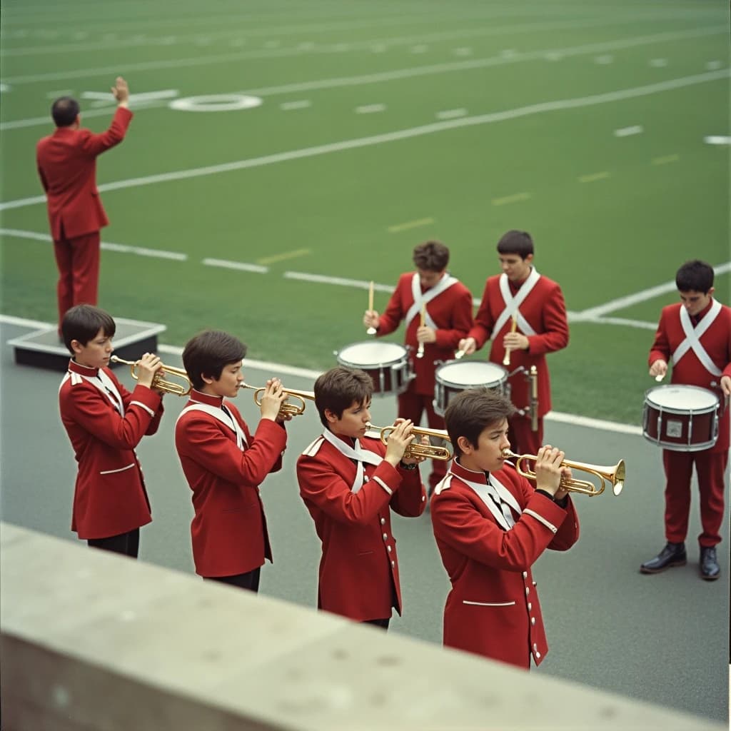 Nineteen seventies Kodachrome-era colour film look, faded warm grain and slight overexposure: a high school marching band seen from a stadium walkway. Front rank of five trumpet players in red and white uniforms, all with horns raised. Behind them three sousaphones in a triangle, the middle player caught mid turn. A line of four drummers to the right, the snare drummer nearest the camera mid stroke. A single drum major stands on a podium at the far left with his back to us, arms up. Empty green field behind them.