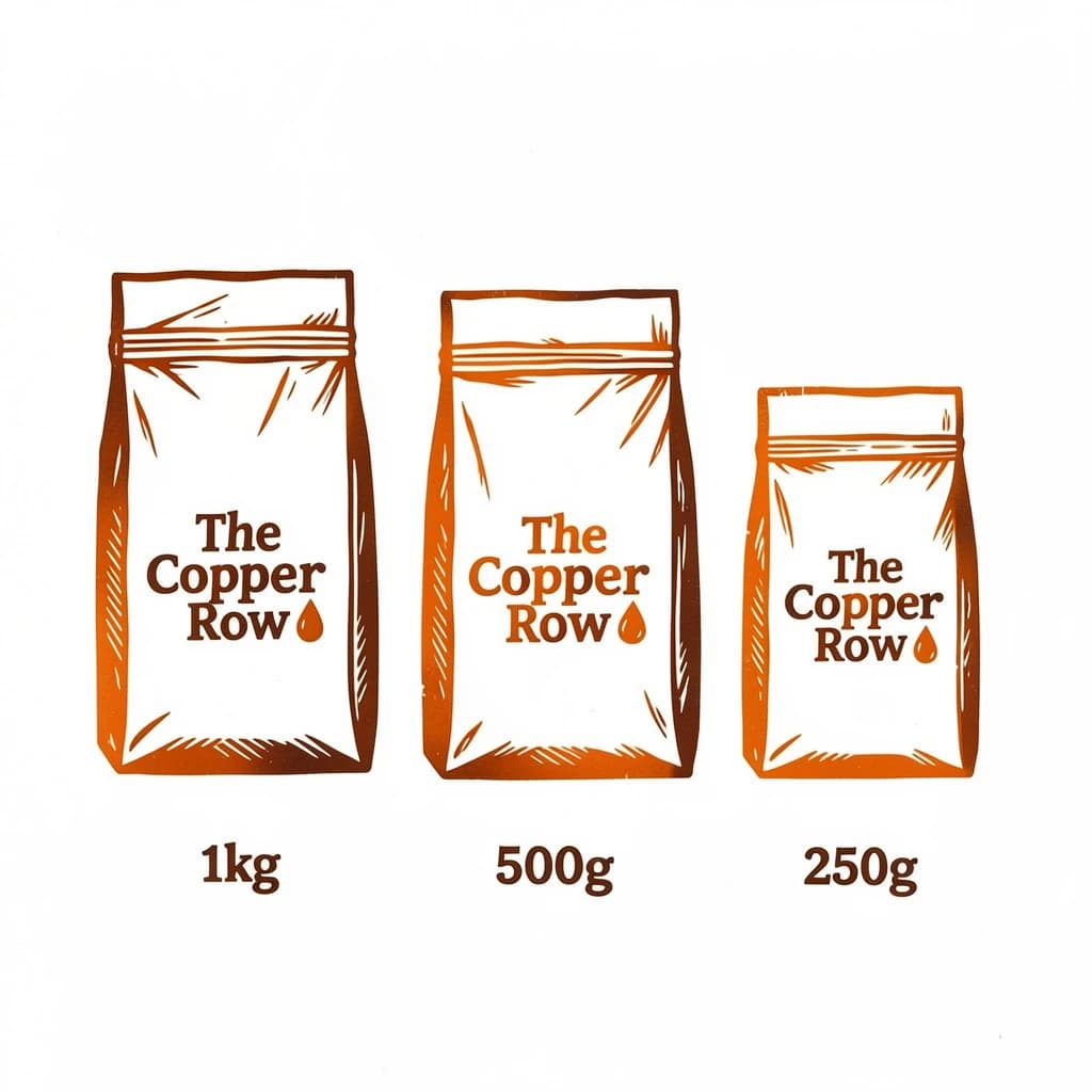 Linocut print: one coffee bag in three sizes. The sizes are captioned "1kg", "500g" and "250g" in that order. The wordmark "The Copper Row" appears on every size with a single droplet symbol beside it. The orange-and-brown coloring is the same across every size, and only the bag size changes.