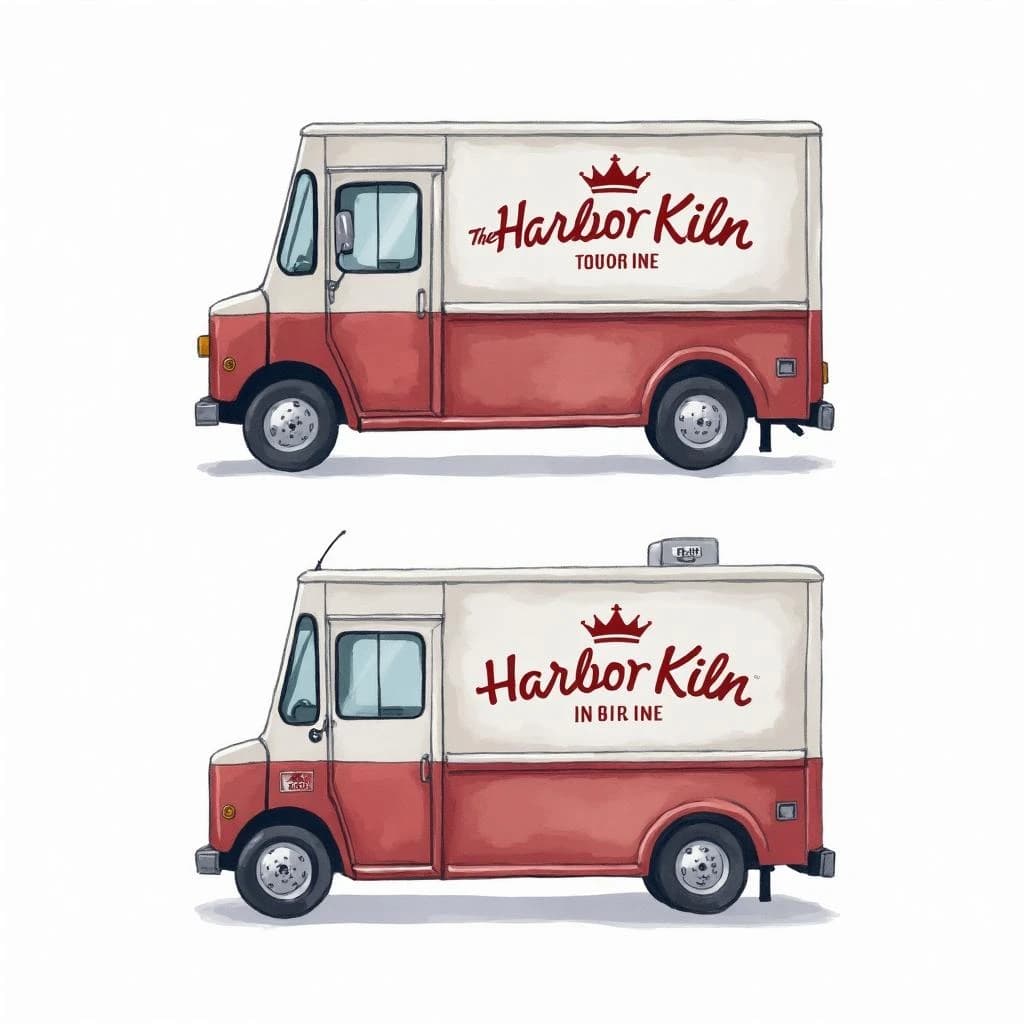 Watercolor of the same food truck drawn in two sides, captioned "left side" and "front", every side carrying the wordmark "The Harbor Kiln" with a simple crown outline beside it in the same maroon-and-gray coloring, only the side changing.