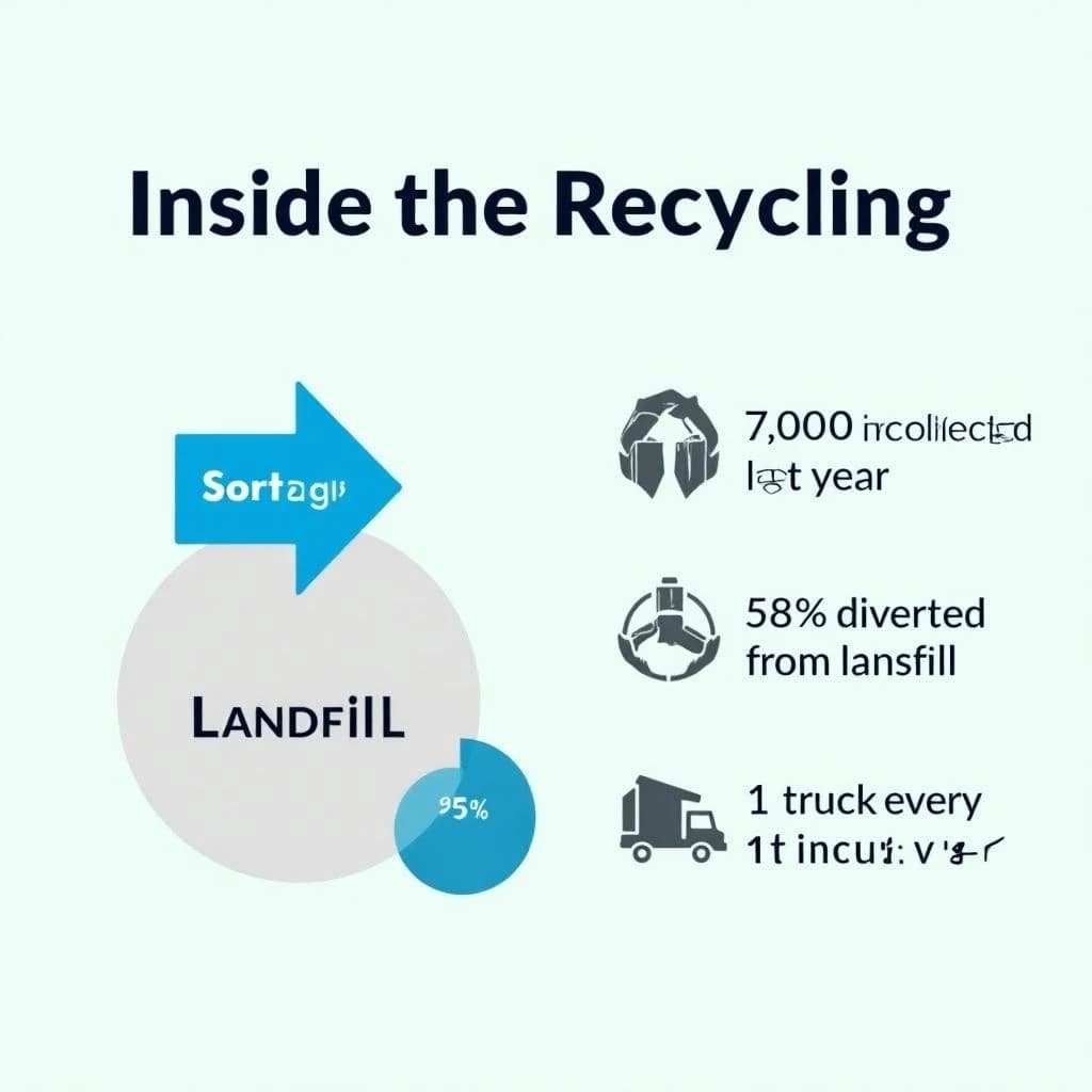 Flat infographic titled "Inside the Recycling": at the center a flow chart from curb to sorting floor, carrying two keyed regions, "Paper" shaded blue and "Landfill" shaded gray, beside a right column of three stat chips reading "7,000 tons collected last year", "58% diverted from landfill" and "1 truck every 21 minutes".