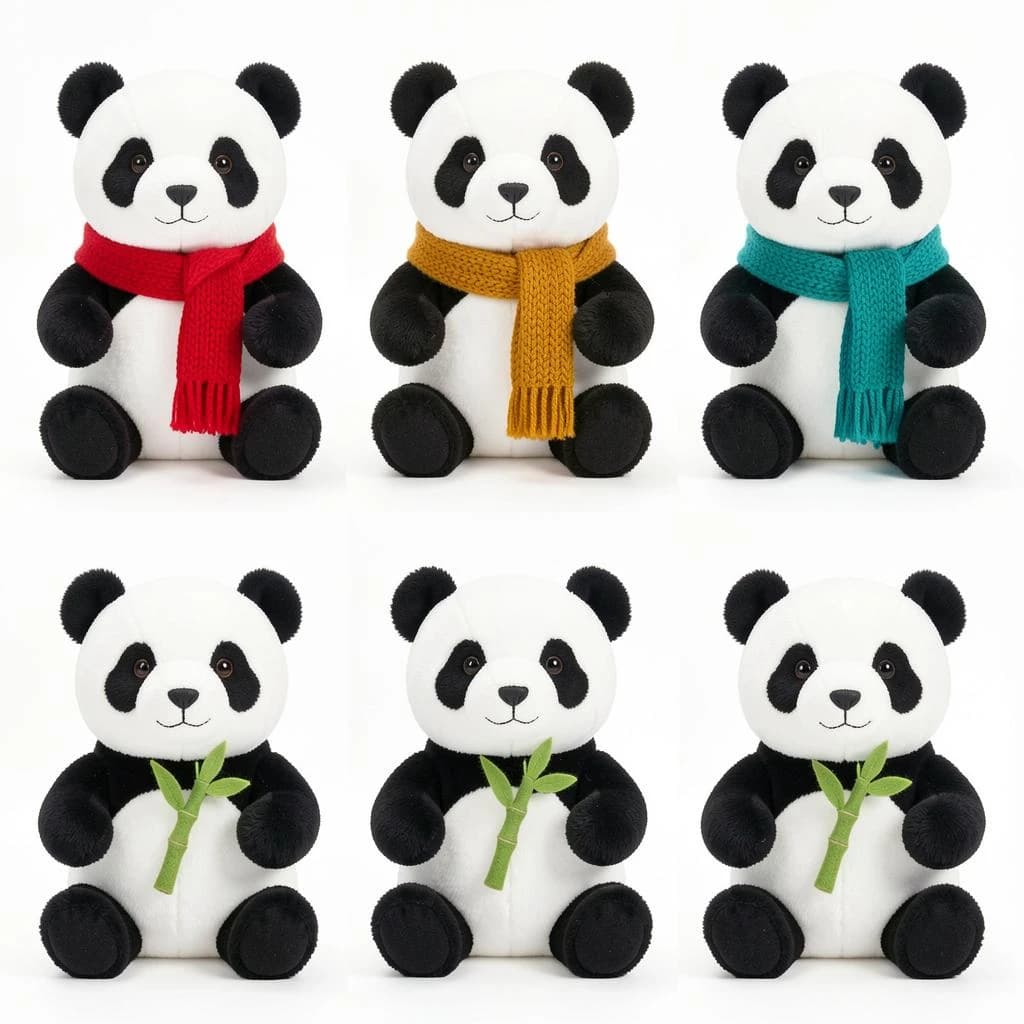 Studio product photography, plain white variant grid: six panda plushes in two rows of three, all seated facing camera. The top row wears knit scarves in red, mustard and teal. The bottom three wear no scarves, each holding a small felt bamboo shoot.