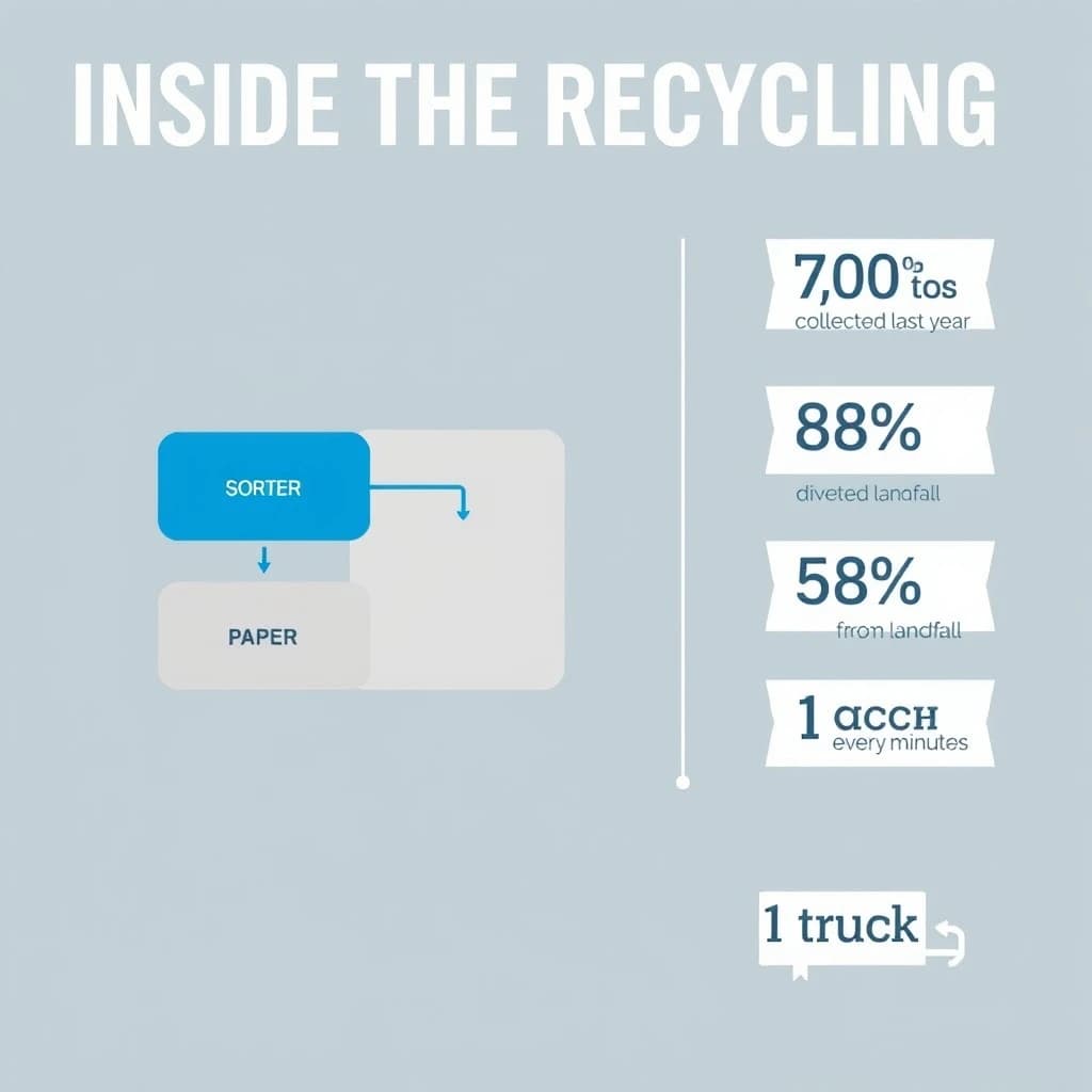 Flat infographic titled "Inside the Recycling": at the center a flow chart from curb to sorting floor, carrying two keyed regions, "Paper" shaded blue and "Landfill" shaded gray, beside a right column of three stat chips reading "7,000 tons collected last year", "58% diverted from landfill" and "1 truck every 21 minutes".