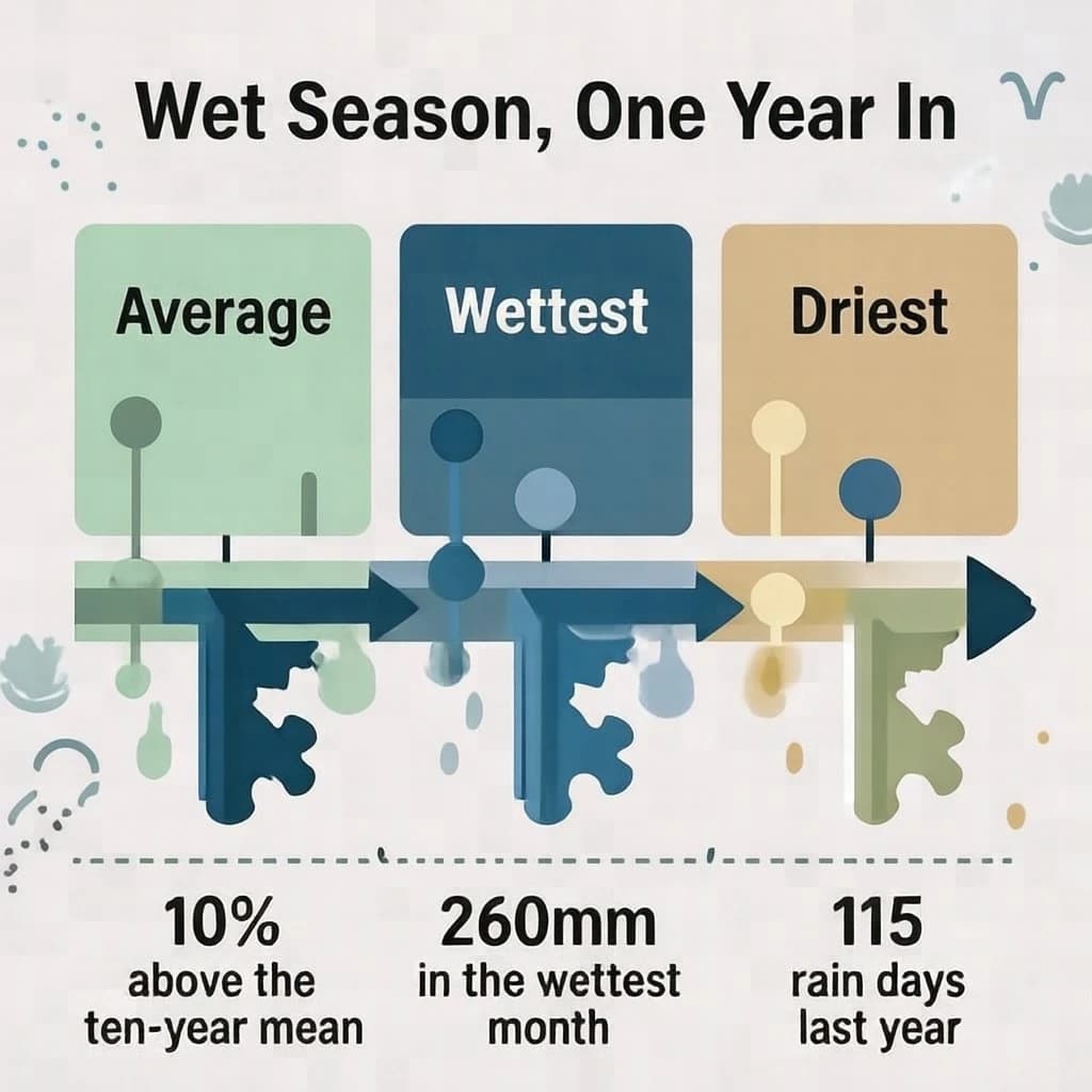 Flat vector illustration titled "Wet Season, One Year In". A twelve-month rainfall timeline sits at the center, carrying three keyed regions, "Average" shaded pale green, "Wettest" shaded dark blue and "Driest" shaded sand. Three stat chips run down a bottom row, reading "10% above the ten-year mean", "260mm in the wettest month" and "115 rain days last year". Each key color matches the shading of the region it names.