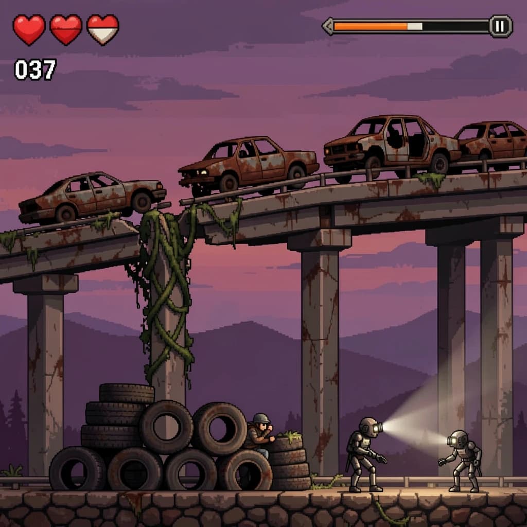 Side-scrolling pixel art screenshot from a post-apocalyptic survival platformer, dusk palette of rust and violet. A collapsed highway overpass cuts diagonally across the frame on four concrete support pillars, the second from the left snapped in half and wrapped in vines. On the deck above sit three burnt-out cars nose to tail, only the middle one still upright. Below, the player crouches behind a barricade of five stacked tires while two scavenger drones sweep flashlight cones in from the right. Top-left interface: three heart icons with the last half empty, a scrap counter reading "037", and a thin compass strip.