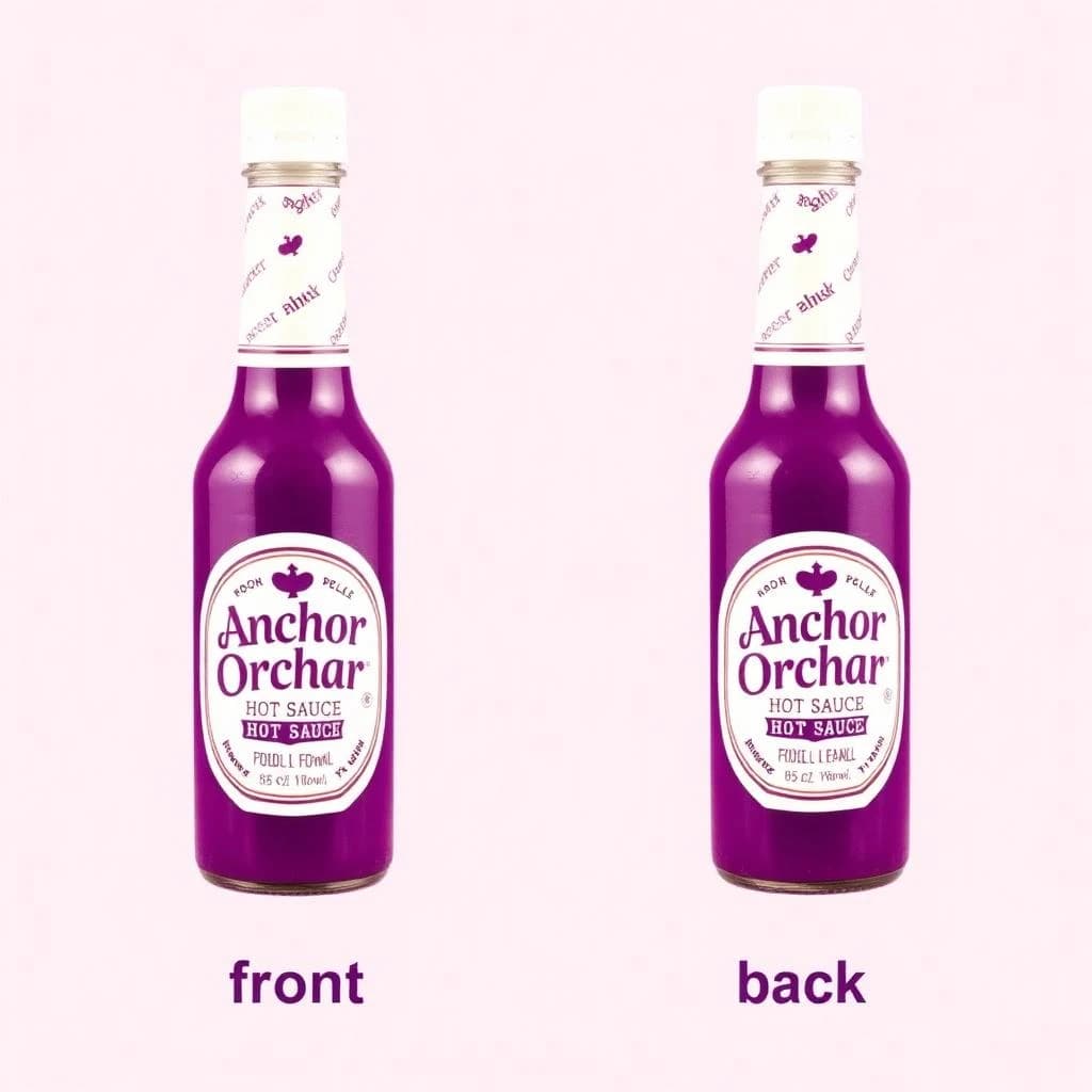 Printed poster: one hot-sauce bottle in two views. The views are captioned "front" and "back" in that order. The wordmark "Anchor Orchard" appears on every view. The purple-and-white coloring is the same across every view, and only the angle changes.