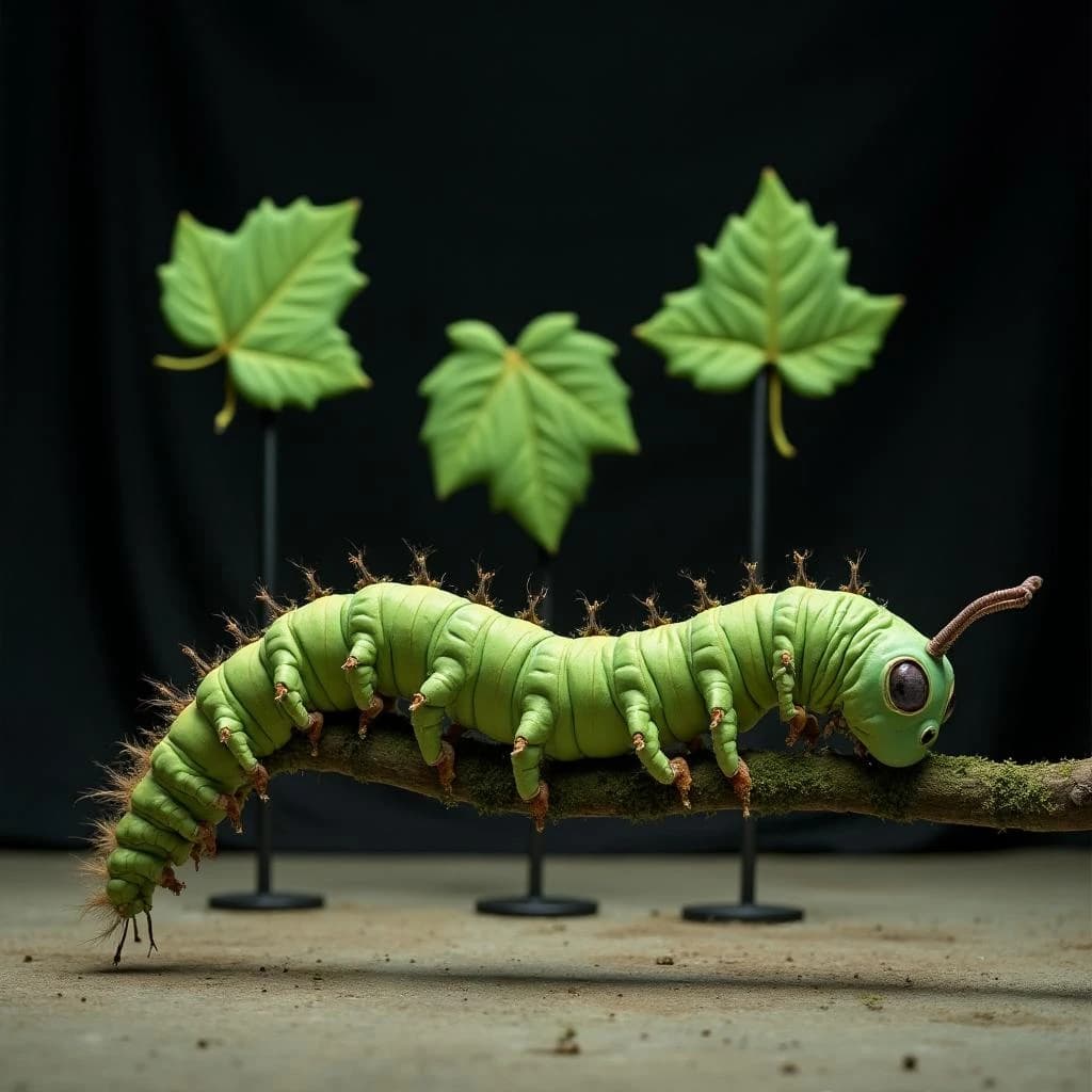Macro photography of a practical effects test on a soundstage floor. A metre-long animatronic caterpillar puppet, dull green with a cream stripe, arched over a moss-covered branch: eight pairs of stubby legs, the front three pairs gripping the branch, the rest hanging free. Two thin black rods run out of frame to the right where a puppeteer's hands are just visible, and a third rod supports the head, which is turned toward camera with its mandibles open. Behind it, three sprayed foam leaves on stands, the middle one already chewed through. Hard key from above, black felt background, dust in the air.