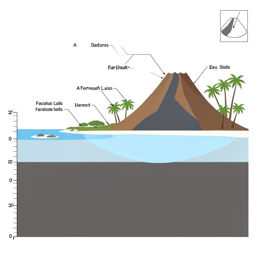 Cross section of a volcanic tropical island as a flat academic figure with clean colour blocks and a horizontal sea level line. Reading from the ocean on the left toward the right: a fringing reef crest, a shallow lagoon holding three coral heads, a white sand beach, a coconut palm belt of five trees, then a rising basalt cone with two lava layers picked out in darker grey, and a freshwater lens drawn as a pale blue dome under the middle of the island. Below sea level the flanks drop in three stepped terraces to a flat deep floor. Eight leader line labels, a depth scale down the left edge, and a small locator inset in the top right.