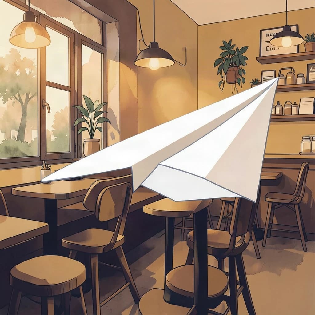 Silkscreen print of a paper airplane inside a cozy cafe, layered wash, smooth vector finish, split-complementary palette.