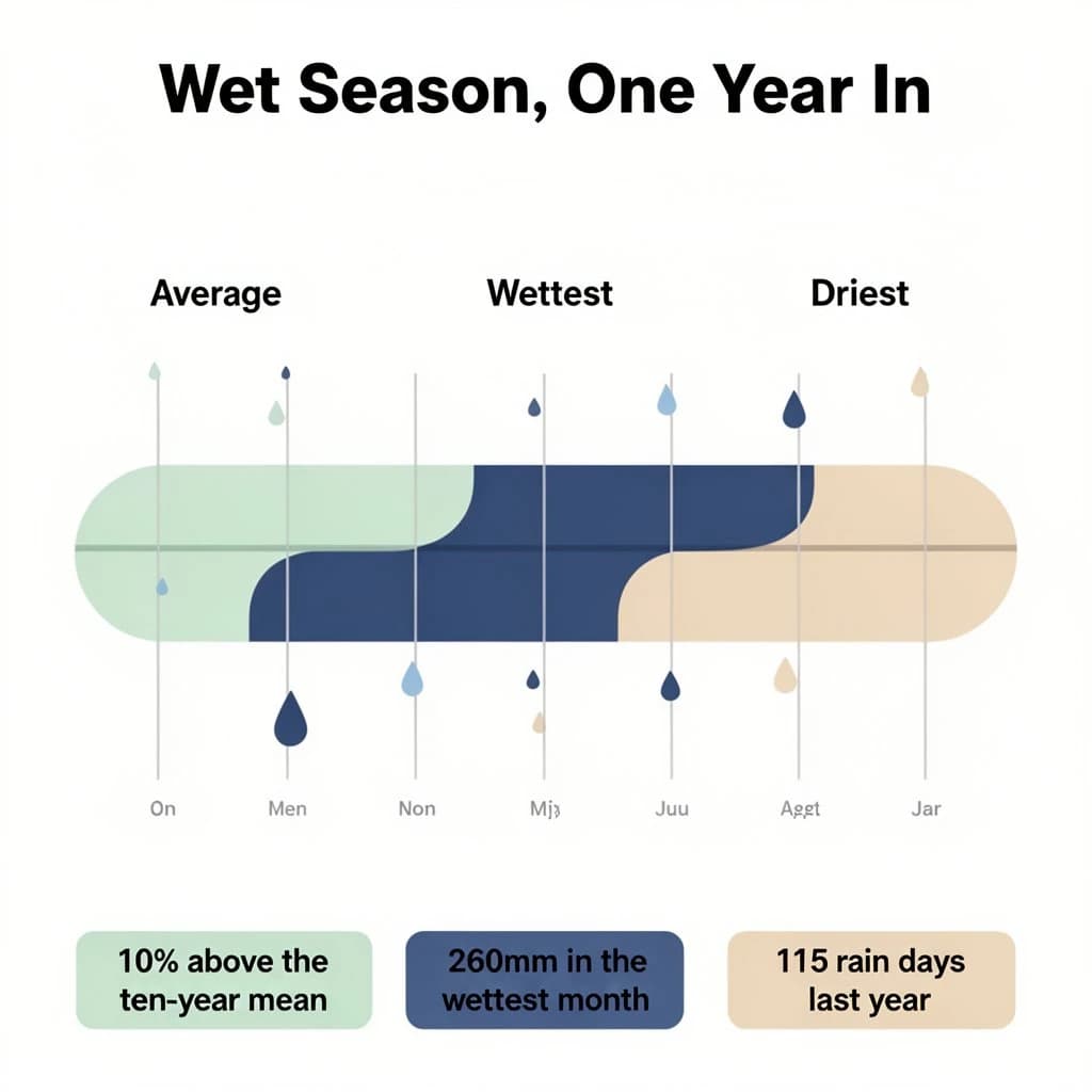 Flat vector illustration titled "Wet Season, One Year In". A twelve-month rainfall timeline sits at the center, carrying three keyed regions, "Average" shaded pale green, "Wettest" shaded dark blue and "Driest" shaded sand. Three stat chips run down a bottom row, reading "10% above the ten-year mean", "260mm in the wettest month" and "115 rain days last year". Each key color matches the shading of the region it names.