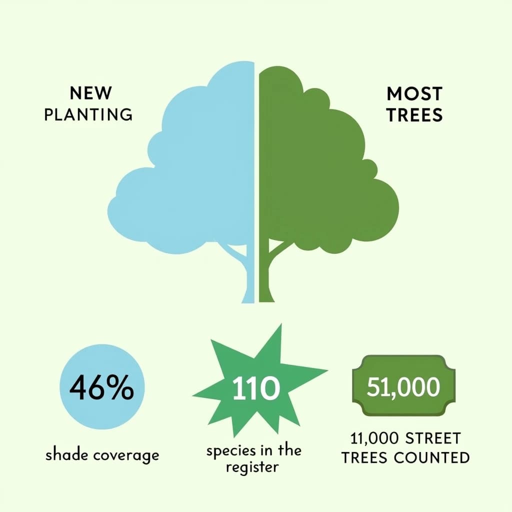 Flat infographic titled "Street Trees by the Numbers": at the center a labeled street-tree diagram, carrying two keyed regions, "New planting" shaded light blue and "Most trees" shaded dark green, beside a bottom row of three stat chips reading "44% shade coverage", "110 species in the register" and "51,000 street trees counted".