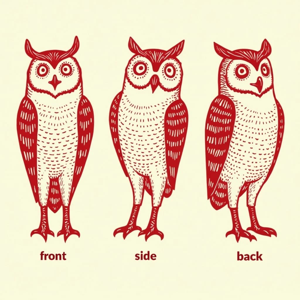 Linocut print: one bookstore owl mascot in three views. The views are captioned "front", "side" and "back" in that order. The wordmark "Hollow Crest" appears on every view with a small anchor mark beside it. The red-and-cream coloring is the same across every view, and only the angle changes.