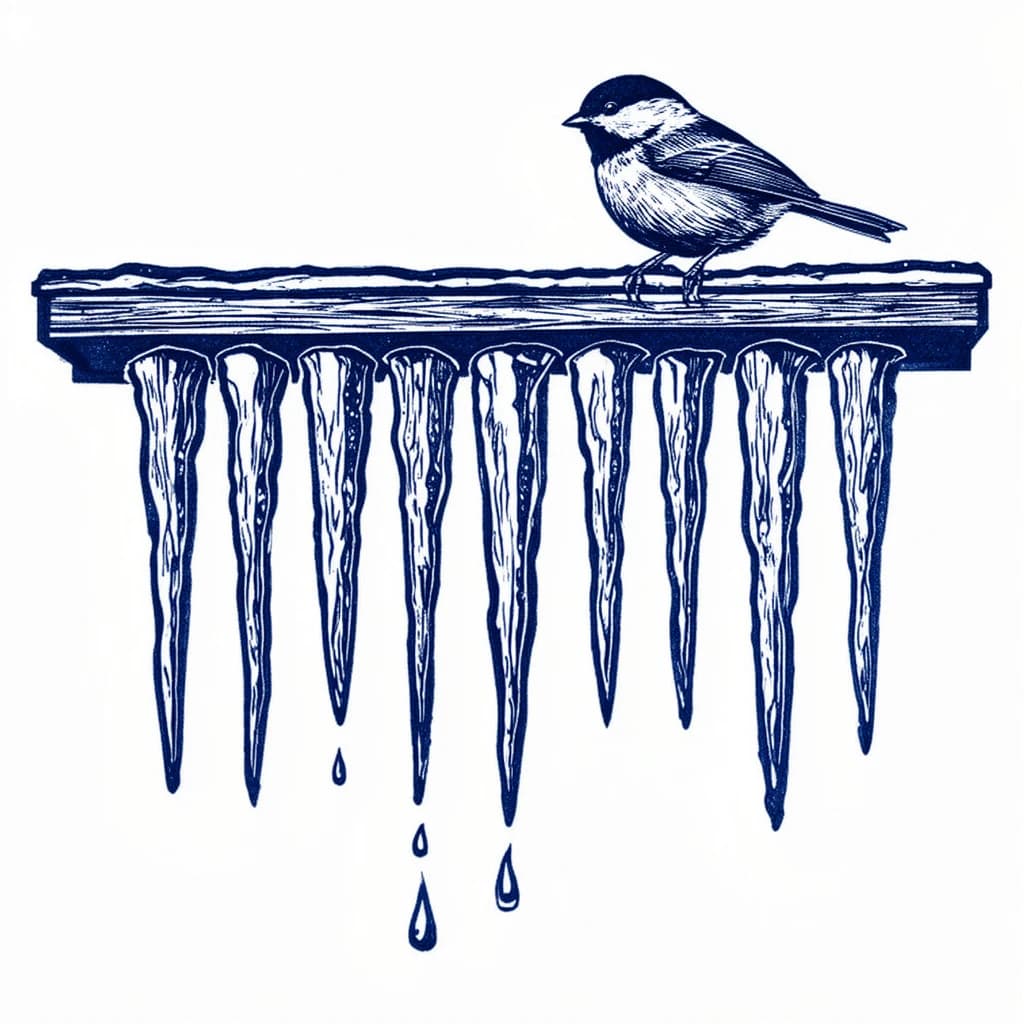 Linocut print in a single blue ink: nine icicles hanging from a cabin gutter, the longest in the middle tapering down to the shortest at each end, three of them dripping, and a chickadee perched on the gutter directly above the second icicle from the left.