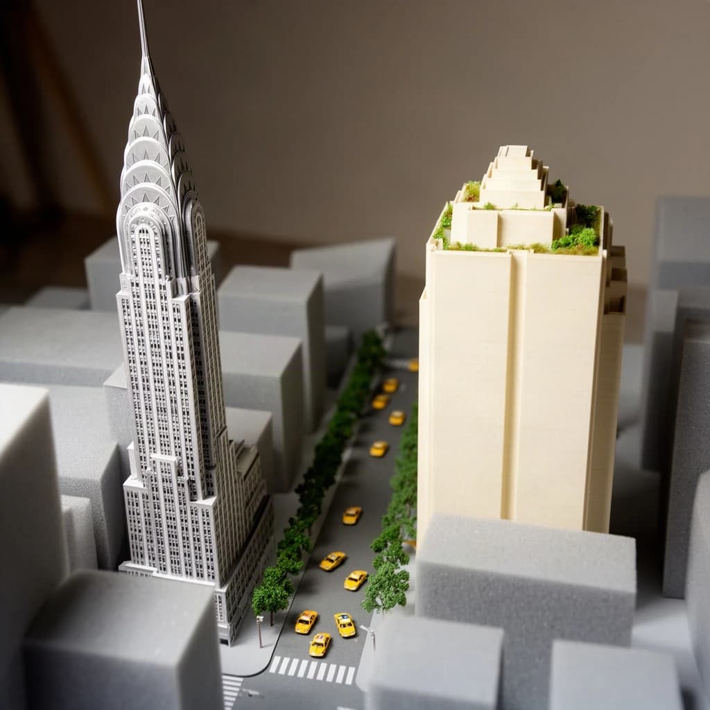 Tilt shift photograph of a hand built architectural scale model of a Midtown Manhattan block, studio lit from the upper left.
The Chrysler Building stands on the corner in polished silver card with its stepped crown and triangular windows. Directly across the street sits a proposed cream limestone tower, two floors shorter, topped by a stepped roof garden. Between them four smaller grey massing blocks in plain foam. Six tiny yellow cabs on the avenue, three stopped at the crossing and three queued behind, with a line of green model trees down the median.
