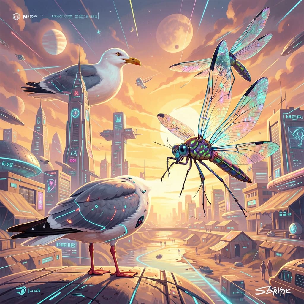 Seagull and Odonate in Khartoum, Sudan in the style of futurism