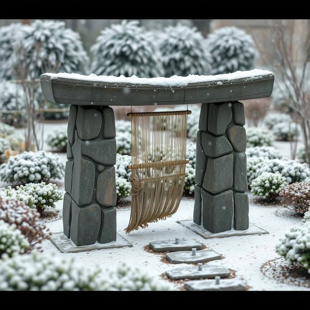A weaver stone-still in a botanical garden, in gentle snowfall, centered full-body framing, isometric 3D style.