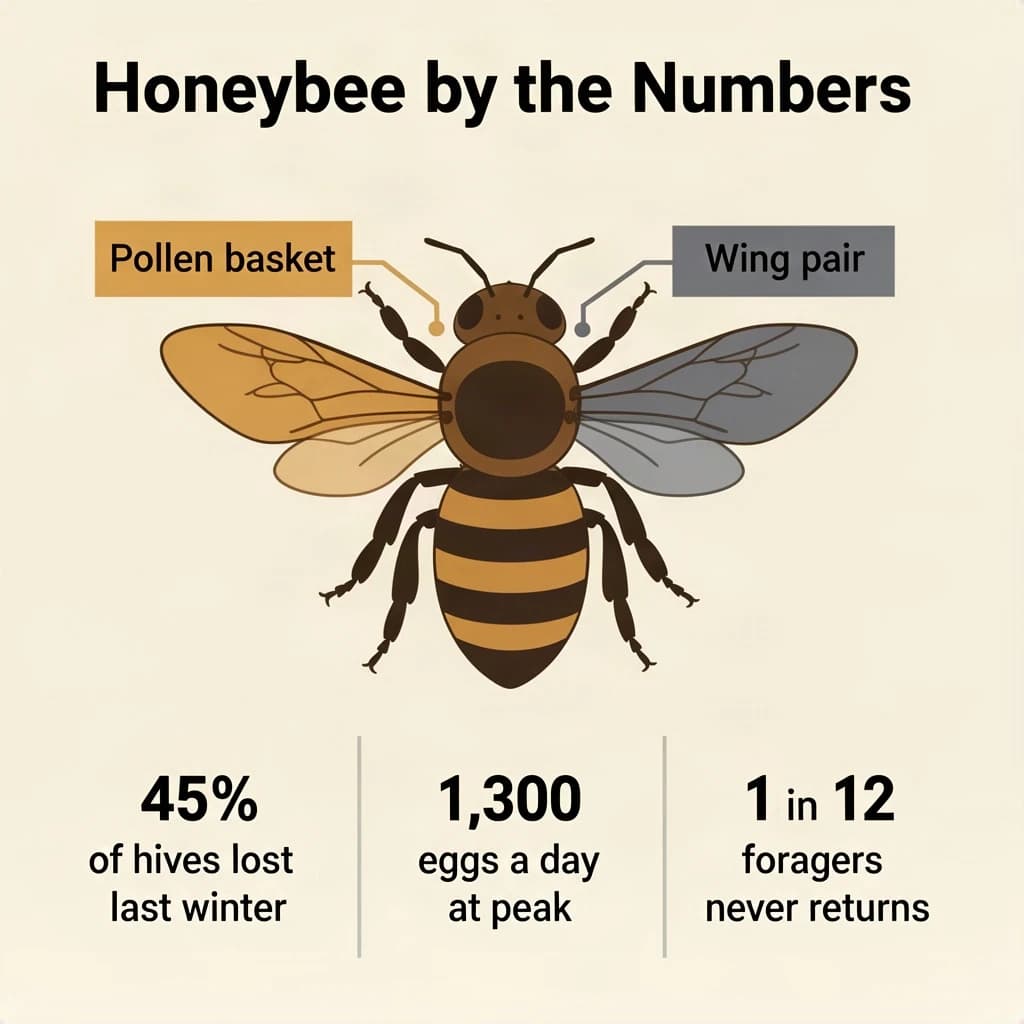 Flat vector illustration titled "Honeybee by the Numbers". A labeled bee diagram sits at the center, carrying two keyed regions, "Pollen basket" shaded amber and "Wing pair" shaded slate. Three stat chips run down a bottom row, reading "45% of hives lost last winter", "1,300 eggs a day at peak" and "1 in 12 foragers never returns". Each key color matches the shading of the region it names.