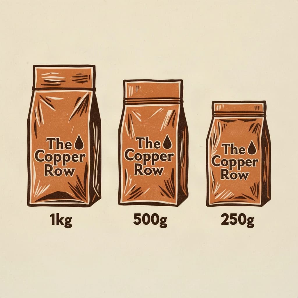 Linocut print: one coffee bag in three sizes. The sizes are captioned "1kg", "500g" and "250g" in that order. The wordmark "The Copper Row" appears on every size with a single droplet symbol beside it. The orange-and-brown coloring is the same across every size, and only the bag size changes.