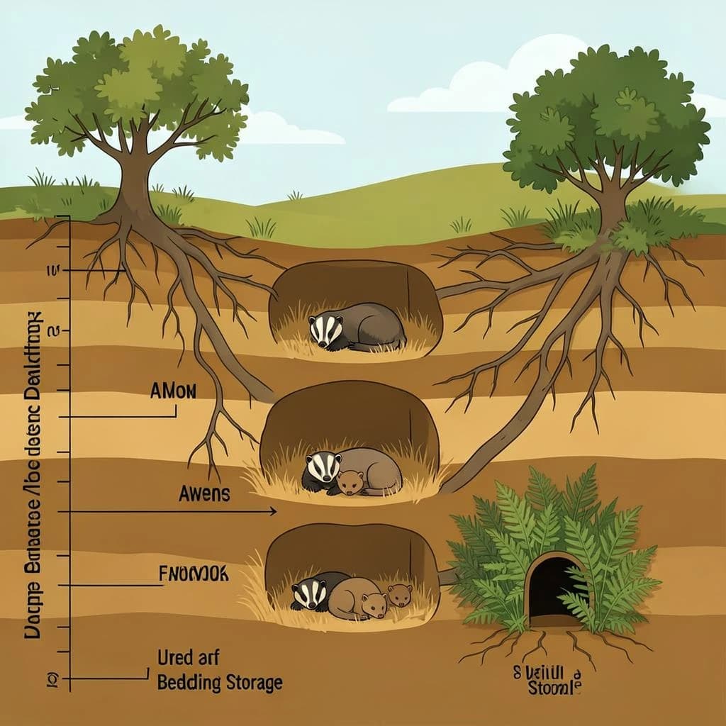 Flat vector cross-section of a badger sett cut through a hillside, soil drawn as layered ochre bands with tree roots threading through. Four chambers at different depths: the deepest lined with dry grass holding two sleeping badgers curled together, one mid level chamber standing empty, one holding three cubs, and a shallow chamber used for bedding storage. Five tunnels connect them, and two entrances break the surface, the left one under a hawthorn and the right one screened by bracken. Labels sit outside the soil profile on hairline leaders, with a depth scale in metres down the left edge.