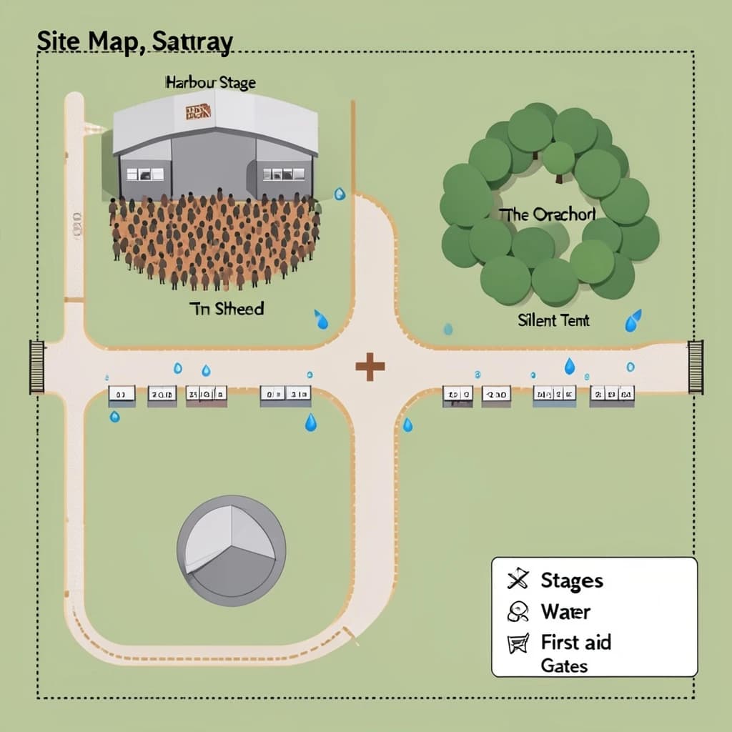 Festival site map in flat editorial infographic style, bird's eye, flat colour blocks on a sage green field inside a dotted perimeter fence.
Four stages: the main "Harbour Stage" along the north edge with a wide crowd shape in front of it, "Tin Shed" on the east, "The Orchard" on the west inside a cluster of round tree canopies, and a small circular "Silent Tent" at the south west corner with no crowd shape around it.
Two food streets run east to west between the stages, the northern one with nine numbered stalls and the southern one with six. Three water points marked by blue droplets sit one beside each of the first three stages. A single first aid cross sits where the two food streets meet the central path.
A gravel path loops the whole site as a dashed ochre line, with entrance gates on the south and east sides only.
A legend box in the lower right lists "Stages", "Food", "Water", "First aid" and "Gates", each with its own symbol. Title at the top left reads "Site Map, Saturday".