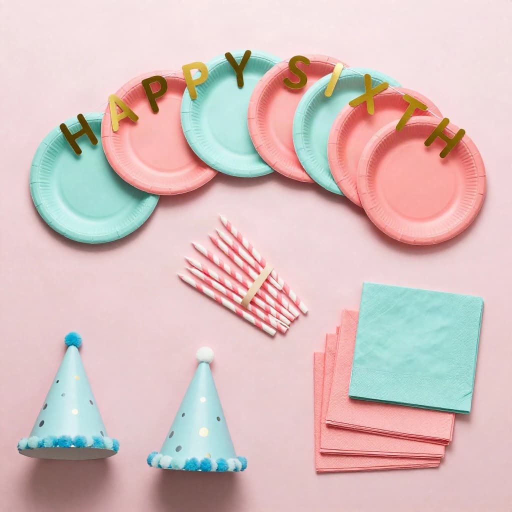 Flat lay photograph on pale pink paper, lit softly from above.
Eight paper plates fanned in an arc across the top of the frame, alternating mint and coral, four of each, mint first from the left.
Below the arc, twelve striped candles bundled under a paper band, laid diagonally.
Three cone party hats stacked at the lower left, only the middle hat trimmed with a pom pom.
At the lower right, six folded napkins in two piles of three, one pile mint and one coral.
A paper banner strung across the very top spells "HAPPY SIXTH" in gold letters, a few letters overlapping the plate arc.