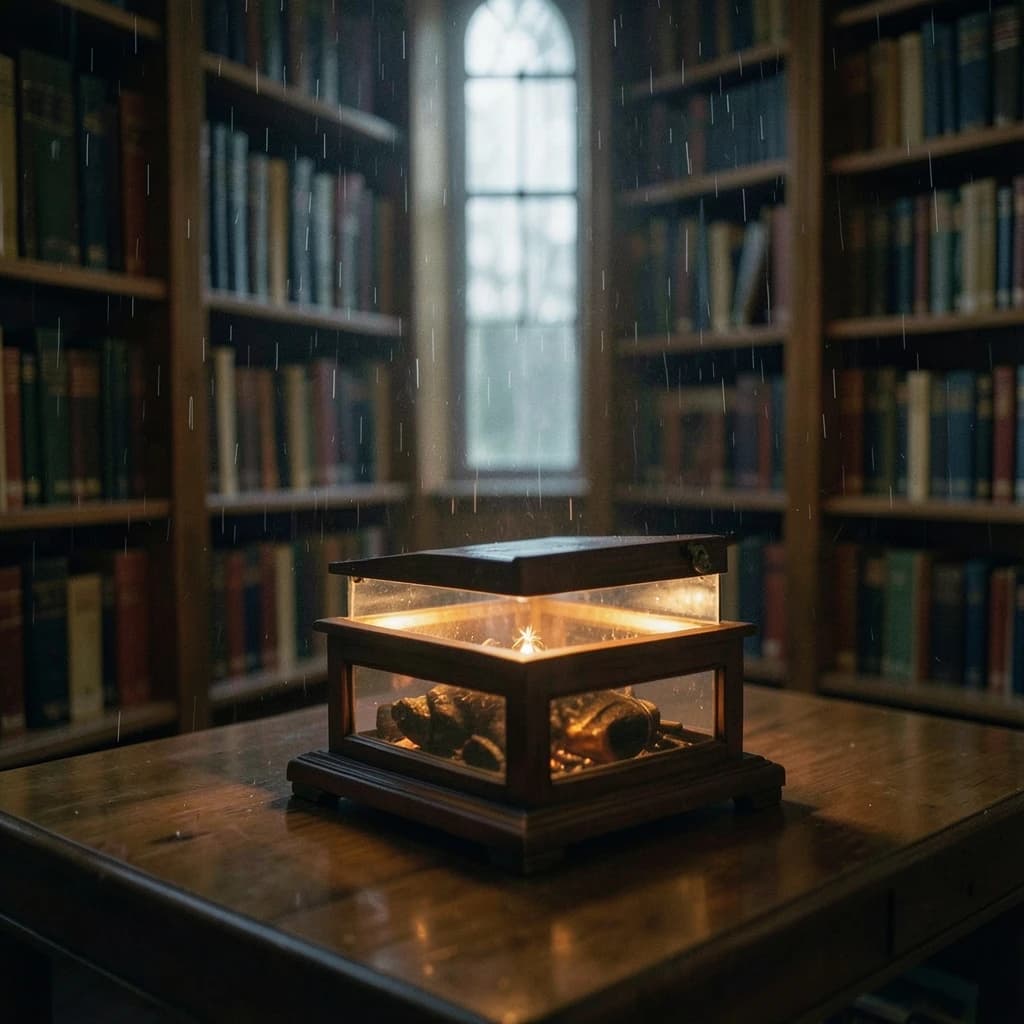 The quiet second when a music box takes on a thin rim of warm light, in a quiet library, in light rain.