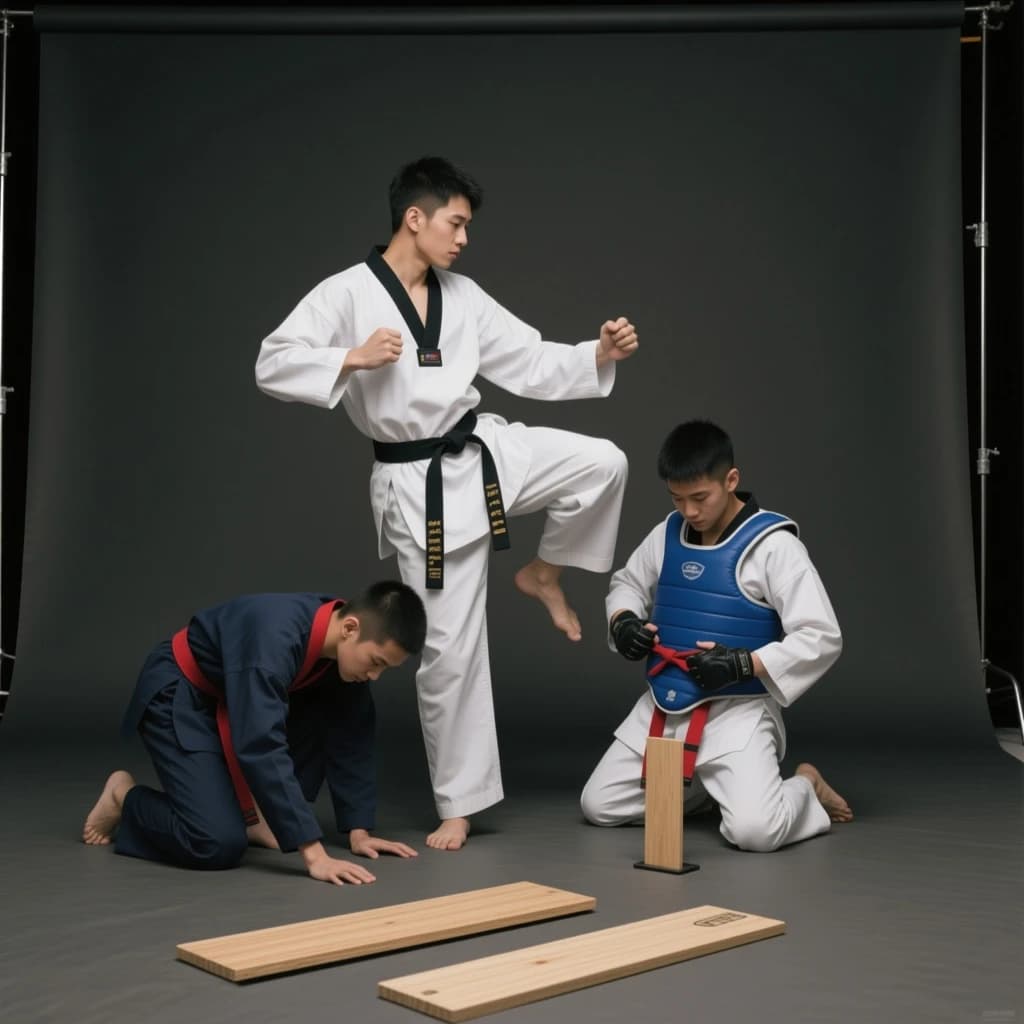 Studio photography, stunt and costume reference on a seamless charcoal backdrop, one hard key from camera left. Three taekwondo athletes in a tight diagonal: the tallest, in a white uniform with a black belt, holds a side kick frozen at chest height; the shortest, in navy with a red belt, ducks under it with both palms flat on the floor; the third kneels behind them fastening a blue chest guard onto a folded uniform. Two snapped pine boards lie at the front edge of the frame, a third board still whole in a holder's gloved hands.