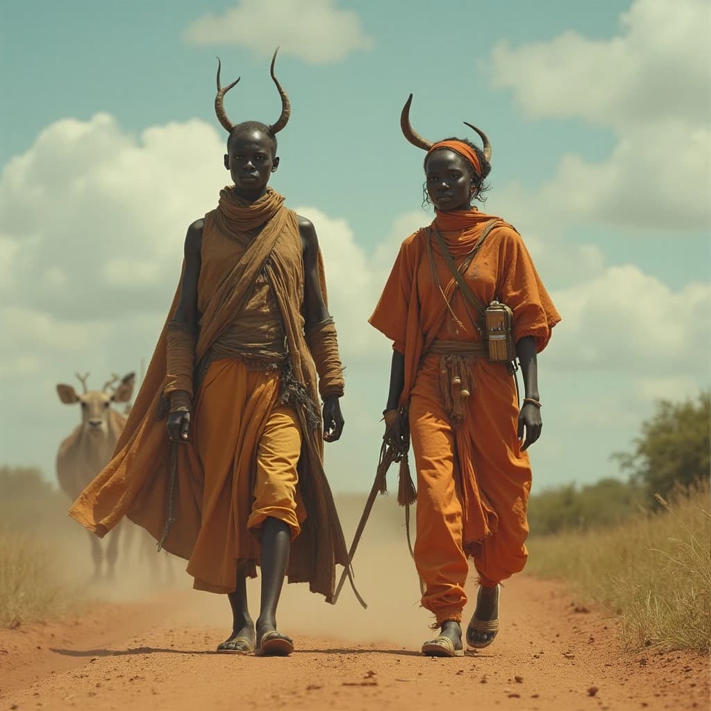 Jacamar and Mollie in Dodoma, Tanzania in the style of futurism