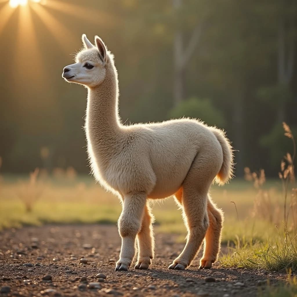 quiet alpaca on cracked earth, backlit