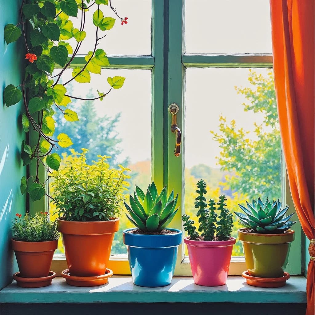 Fauvist feed post: a windowsill shelf with six potted plants, the three terracotta pots holding trailing vines and the three glazed blue pots holding upright succulents, painted in violent orange, pink and green. Only the tallest vine reaches the curtain.