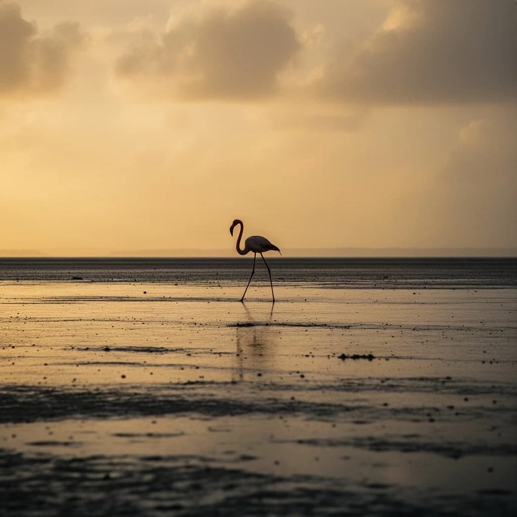distant flamingo on wet sand, silhouette