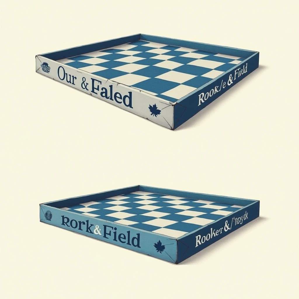 Printed poster of the same board-game box drawn in two views, captioned "front" and "side", every view carrying the wordmark "Rook & Field" with a single leaf mark beside it in the same blue-and-silver coloring, only the angle changing.