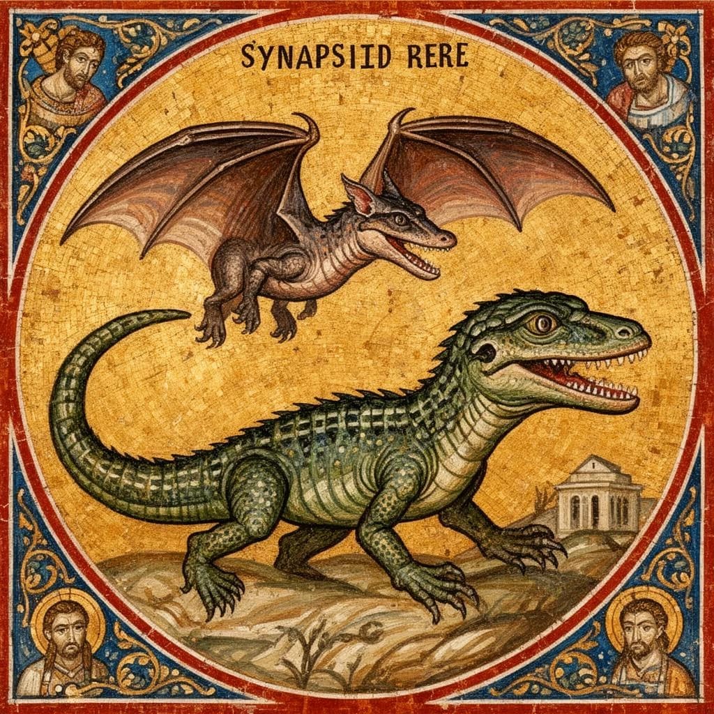 Synapsid Reptile and Bat in Accra, Ghana in the style of byzantine
