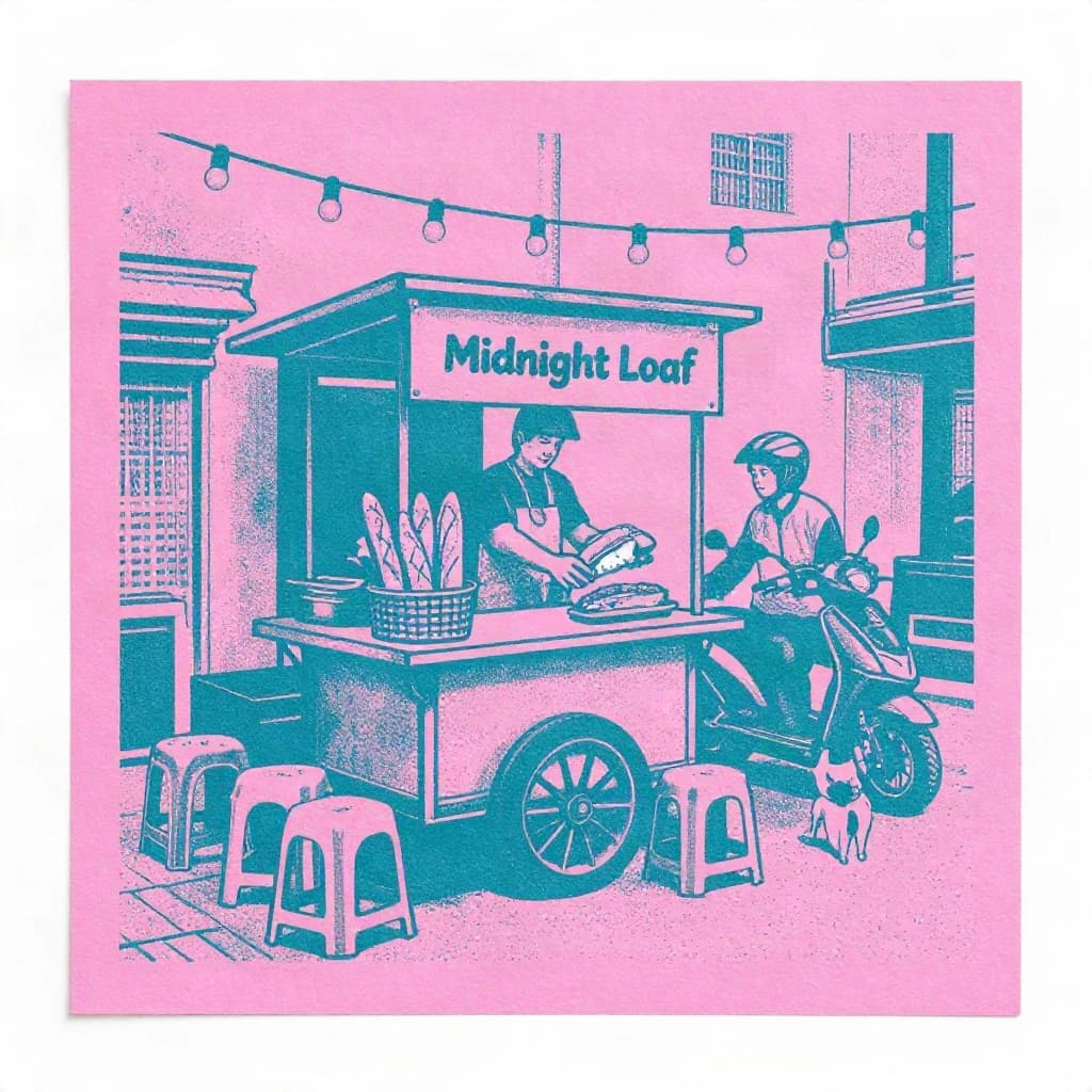 Two-color risograph print key art in fluorescent pink and teal with visible misregistration and paper grain, for a street food courier game. A night market alley: the banh mi cart at center with three baguettes standing upright in a basket and two more being sliced by the vendor, who hands one wrapped sandwich down to a courier straddling a scooter. Four plastic stools in front of the cart, three occupied and the one nearest the gutter tipped over. Two strings of bulbs cross overhead. A dog waits under the cart axle. The stall banner reads "Midnight Loaf".