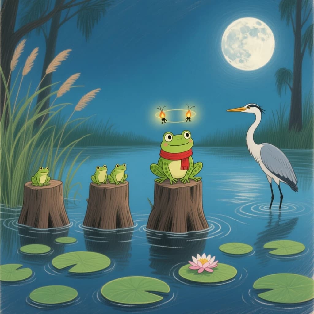 Story card in soft children's book illustration with crayon texture. A moonlit swamp with three cypress stumps in a row across the water. A small green frog in a red scarf sits on the middle stump. Two fireflies circle above his head while four more sit sleeping on the reeds to the left. A heron stands knee deep at the right edge, looking away from the frog. Nine lily pads float across the foreground, only one of them carrying a flower.