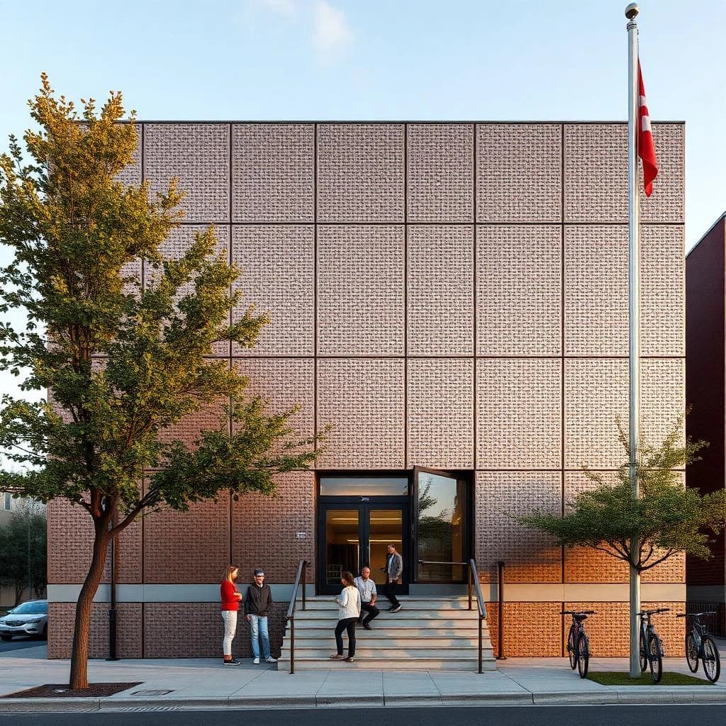 Photorealistic exterior render, late afternoon, of a small civic library clad in perforated bronze panels whose holes form a halftone pattern, dense and dark at the base and fading to sparse near the parapet.
Nine panels span the main facade in three bays of three, and the middle bay slides open to reveal clear glazing behind. Two street trees stand in front, the taller one shading the entrance stair, the shorter one set back beside a bike rack holding four bikes. Five people on the stair, three climbing and two seated near the handrail. One flagpole, bare.
