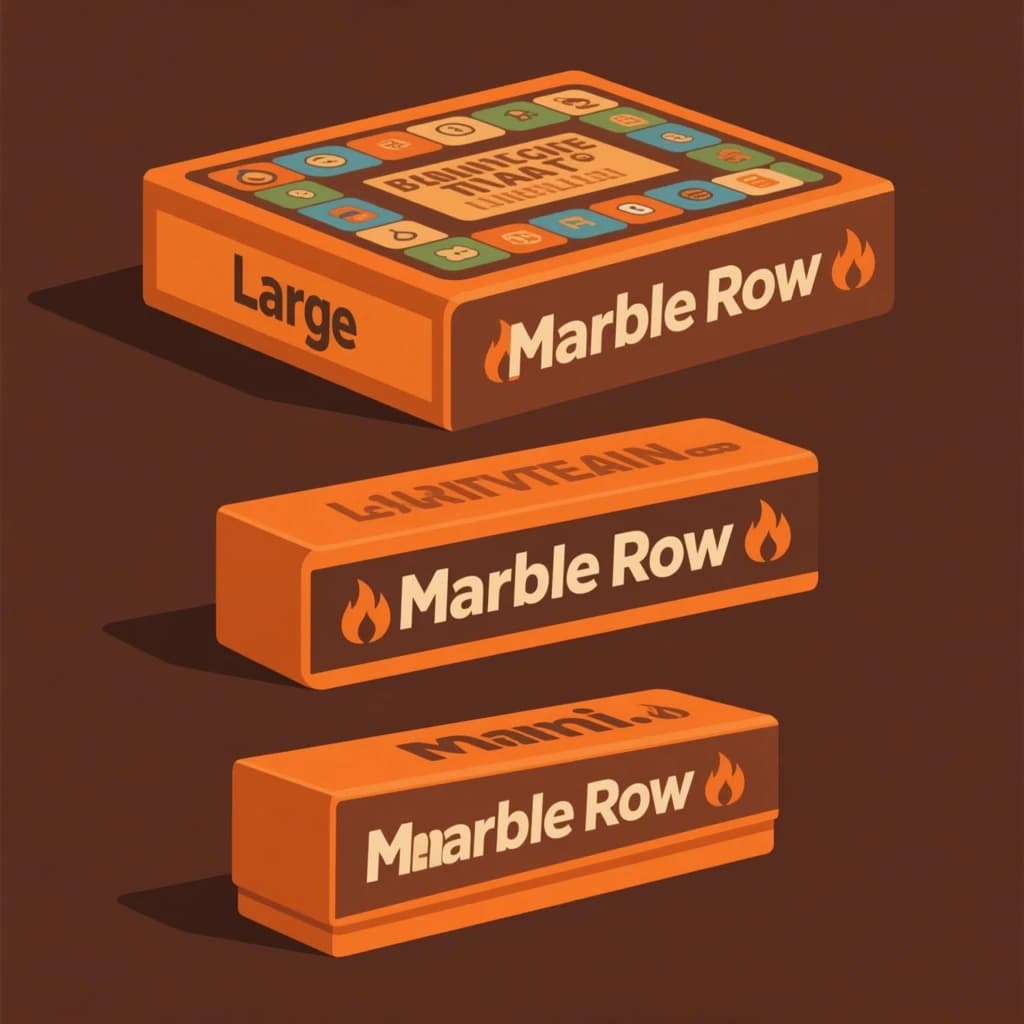 Flat vector illustration: one board-game box in three editions. The editions are captioned "Large", "Travel" and "Mini" in that order. The wordmark "Marble Row" appears on every edition with a small flame icon beside it. The orange-and-brown coloring is the same across every edition, and only the box size changes.