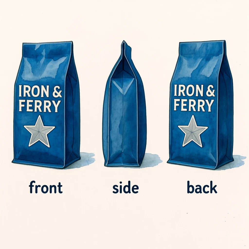 Watercolor of the same coffee bag drawn in three views, captioned "front", "side" and "back", every view carrying the wordmark "Iron & Ferry" with a five-point star outline beside it in the same blue-and-silver coloring, only the angle changing.