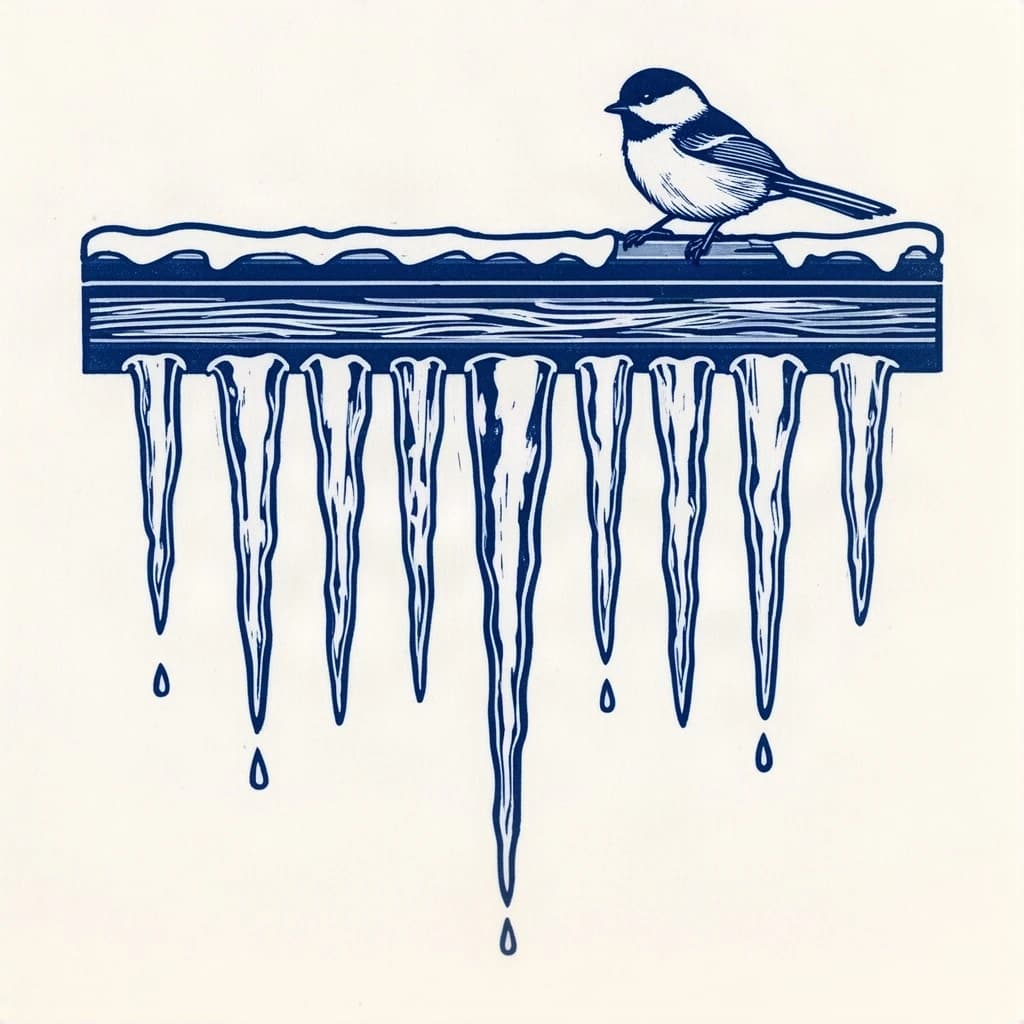 Linocut print in a single blue ink: nine icicles hanging from a cabin gutter, the longest in the middle tapering down to the shortest at each end, three of them dripping, and a chickadee perched on the gutter directly above the second icicle from the left.
