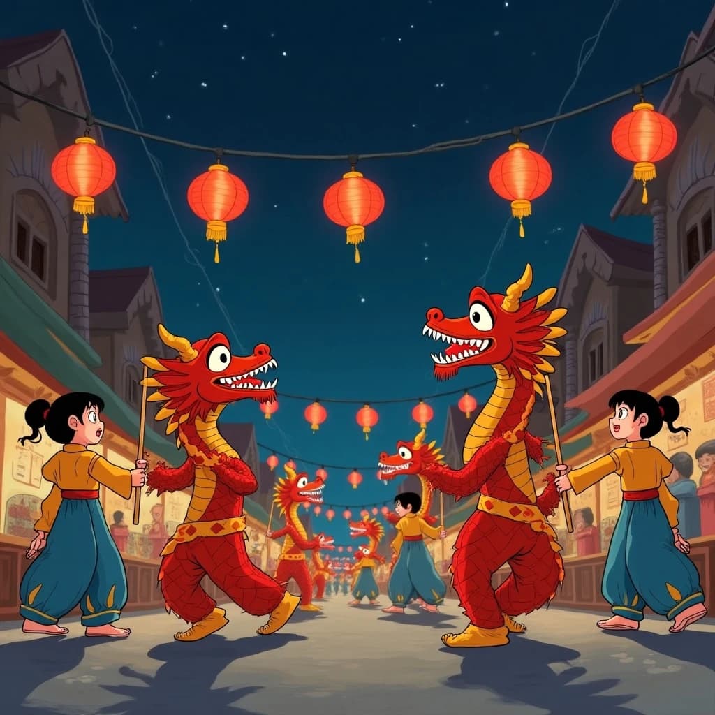 Video thumbnail in 90s anime style, hand painted cel look with visible grain: a red and gold dragon dance winding down a night market street toward the camera. Nine dancers hold the poles, the front three in yellow sashes and the back six in blue. The second dancer from the front has lost a shoe and is stumbling while the pearl bearer ahead of him spins his pole overhead. Five paper lanterns hang on a wire across the street, only the middle one unlit. Keep the sky in the upper left flat and dark for a title.