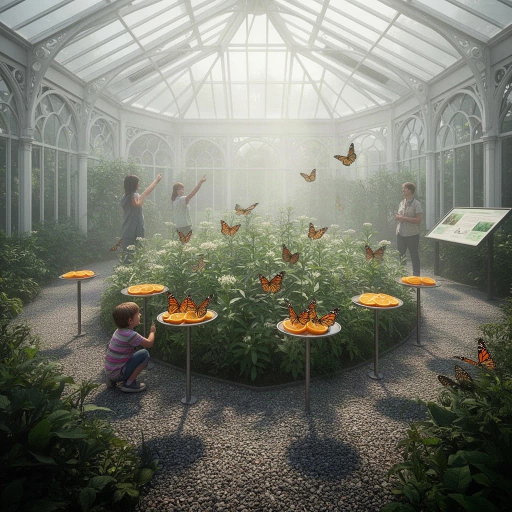 Interior render of a glasshouse butterfly conservatory, white cast iron arches and misted glass, humid morning light.
A raised planting bed spirals through the centre with a gravel path running around it. Five feeding stations on slim posts stand along the path, each holding a shallow dish of orange slices: monarch butterflies cluster on three of the dishes while two are untouched. Seven more monarchs rest on the milkweed in the bed and two are in flight above the path. Three visitors in the room, a child crouching at the nearest feeding station, an adult behind her pointing upward, and a guide standing at the far end beside an information board. Fine mist drifting near the roof vents. Physically based render.